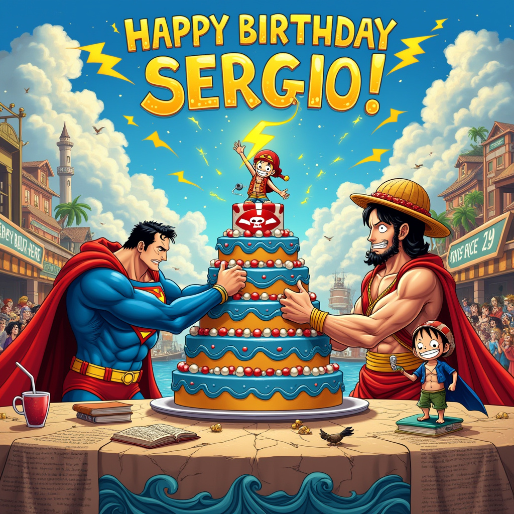 In the vibrant front cover scene of the birthday greeting card, we find ourselves amidst a lively cartoon mash-up universe where iconic figures from different realms have come together to celebrate Sergio's birthday. The backdrop is a bustling port town reminiscent of One Piece's whimsical locales, with colorful ships dotting the horizon. In the foreground, a large, festive table is set up, featuring a towering, blue and red cake decorated with the iconic Superman "S" symbol. Perched atop the cake is a tiny Zeus figurine, striking a dramatic lightning pose as tiny electric sparks crafted from yellow icing encircle him. 

In the sky, fluffy clouds are artistically shaped to spell out "Happy Birthday, Sergio!" as if painted by Zeus himself, with the last 'O' in "Sergio" struck through by a miniature lightning bolt. To the left of the scene, Superman is engaged in an arm-wrestling contest with Luffy from One Piece. Both characters sport exaggerated expressions of effort, their muscles humorously bulging, while a crowd of One Piece pirates and Metropolis citizens cheer them on. Superman is wearing a pirate hat with a skull and cape combination, a playful nod to the cross-over theme. 

On the right, Zeus, donning a superhero cape over his traditional toga, stands atop a makeshift podium made from a stack of ancient Greek scrolls and comic books. He holds a thunderbolt microphone, announcing the festivities. Scattered around the scene are playful details: a mischievous monkey from One Piece attempts to steal Superman's cape, while a little bird wearing a cape of its own carries a small banner in its beak that reads, "Let's make it a super one!" The bottom of the card is lined with swirling patterns and waves inspired by classic comic book art styles, ensuring the entire card is a delightful blend of worlds, inviting Sergio into this one-of-a-kind birthday adventure.
Generated with these themes: Superman, One Piece, and Zeus.
Made with ❤️ by AI.
