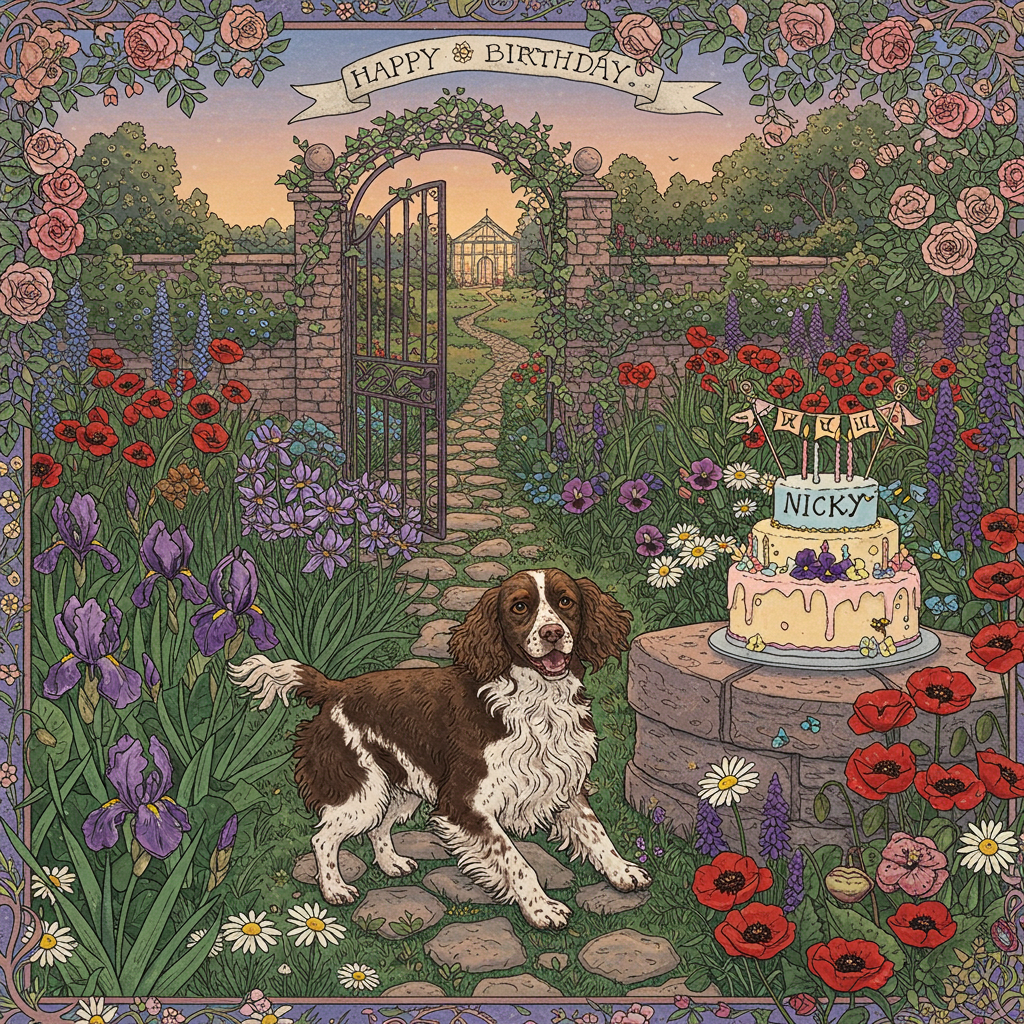 In the foreground of this birthday card, imagine a lively garden scene bursting with detail, capturing the spirit of Norman Rockwell and the whimsy of Beatrix Potter. A brown and white Springer Spaniel, with its long, wavy ears and joyful eyes, is depicted mid-action, playfully bounding through a lush garden filled with vibrant flowers. The dog's coat is a rich chocolate brown with patches of white, giving it a friendly and familiar appearance.

The garden is an explosion of color and life, inspired by the intricate works of Arthur Rackham and Aubrey Beardsley. There are clusters of vivid purple irises and delicate lavender scattered throughout, their tall stems swaying gently as if in conversation with the wind. Interspersed are daisies and poppies, their whites and reds contrasting beautifully against the green foliage. 

In the middle ground, an ornate, wrought-iron garden gate stands ajar, its bars entwined with creeping ivy and morning glories, echoing the detailed linework of Edward Gorey. Beyond the gate, a winding cobblestone path meanders through the garden, leading to a distant, softly illuminated Victorian-style greenhouse, bathed in the golden hues of a setting sun, reminiscent of Maxfield Parrish's dreamy landscapes.

Perched on a low stone wall that borders the garden is a pastel-colored birthday cake, whimsically decorated with sugared violets and tiny fondant bees. On top of the cake, a small banner unfurls with the name "Nicky" playfully scrawled in a bold, joyful script, as if lifted by an invisible breeze.

The sky above is a patchwork of warm purples and soft pinks, transitioning into a deep twilight blue at the edges, speckled with the first twinkles of evening stars. The entire scene is framed with a delicate border of climbing roses, their petals detailed with the precision of Gustave Doré's engravings.

This illustrative composition captures the energy and vibrancy of a birthday celebration, with each element meticulously crafted to invite the viewer into a whimsical garden where joy and nature meet.
Generated with these themes: Brown and white springer spaniel , Purple , Flowers , Garden, and .
Made with ❤️ by AI.