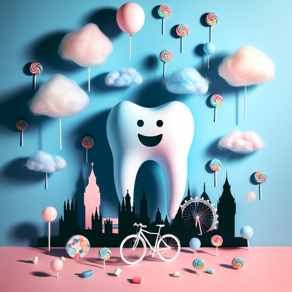 Create a whimsical abstract image symbolising a birthday theme for a young bicycle enthusiast based in London. The design should include elements like tooth-shaped balloons and cotton candy clouds floating above a silhouette of the London skyline. However, instead of traditional landmarks like the London Eye, use tiny bicycle wheels as replacements. The scene should be animated with pops of vibrant colors. An intriguing addition to this festive scenario could be a slight, playful shadow of a friendly dentist reminding everyone about dental hygiene. This shadowy figure should be located in the background, subtly asserting the importance of keeping sweets untouched thereby adding a unique touch to the child-centric celebration.
Generated with these themes: Dentist London kids cycling sinister .
Made with ❤️ by AI.