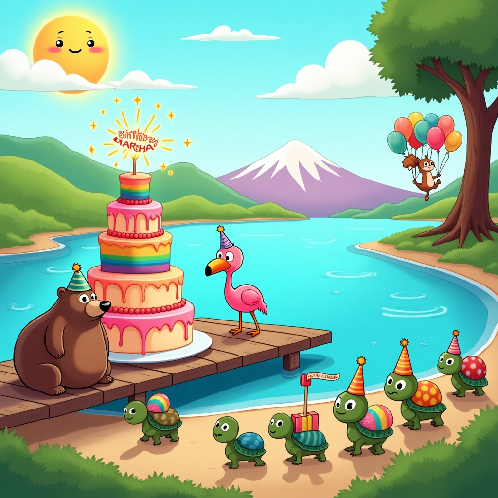 Picture a vibrant, playful scene by a serene, blue lake under a bright, cartoonish sky with fluffy white clouds. In the foreground, a group of exaggeratedly cute and comical cartoon animals have gathered for Marsha's birthday. There’s a rotund bear wearing a tiny party hat, its belly almost touching the ground, sitting on a wooden pier that extends over the water. Next to the bear, a lanky flamingo stands awkwardly on one leg, balancing a slice of cake on its head.

On the pier's wooden planks, an oversized birthday cake with five layers is precariously balanced. The cake is covered in rainbow-colored frosting and topped with sparklers shooting bright, twinkling stars into the sky. Perched at the cake’s peak, a small, jubilant frog waves a tiny banner with "Marsha" written in vibrant red letters.

Along the shoreline, a gaggle of tiny turtles in party hats cheerfully parade, carrying brightly wrapped gifts on their backs. Their shells are adorned with polka dots in various shades of green and blue. A mischievous squirrel in a polka-dot bowtie dangles from a nearby tree branch, holding a cluster of colorful balloons, each one featuring a cartoon animal face. 

In the background, soft rolling hills in varying shades of green and a distant, pink-peaked mountain complete the scene. A cartoonish, yellow sun with a big smile peeks over the mountain, casting long, playful shadows across the scene. The entire illustration is rich with detail, echoing the playful and exaggerated styles of the mentioned artists, blending a variety of elements to create a whimsical birthday celebration by the lake.
Generated with these themes: by a lake.
Made with ❤️ by AI.