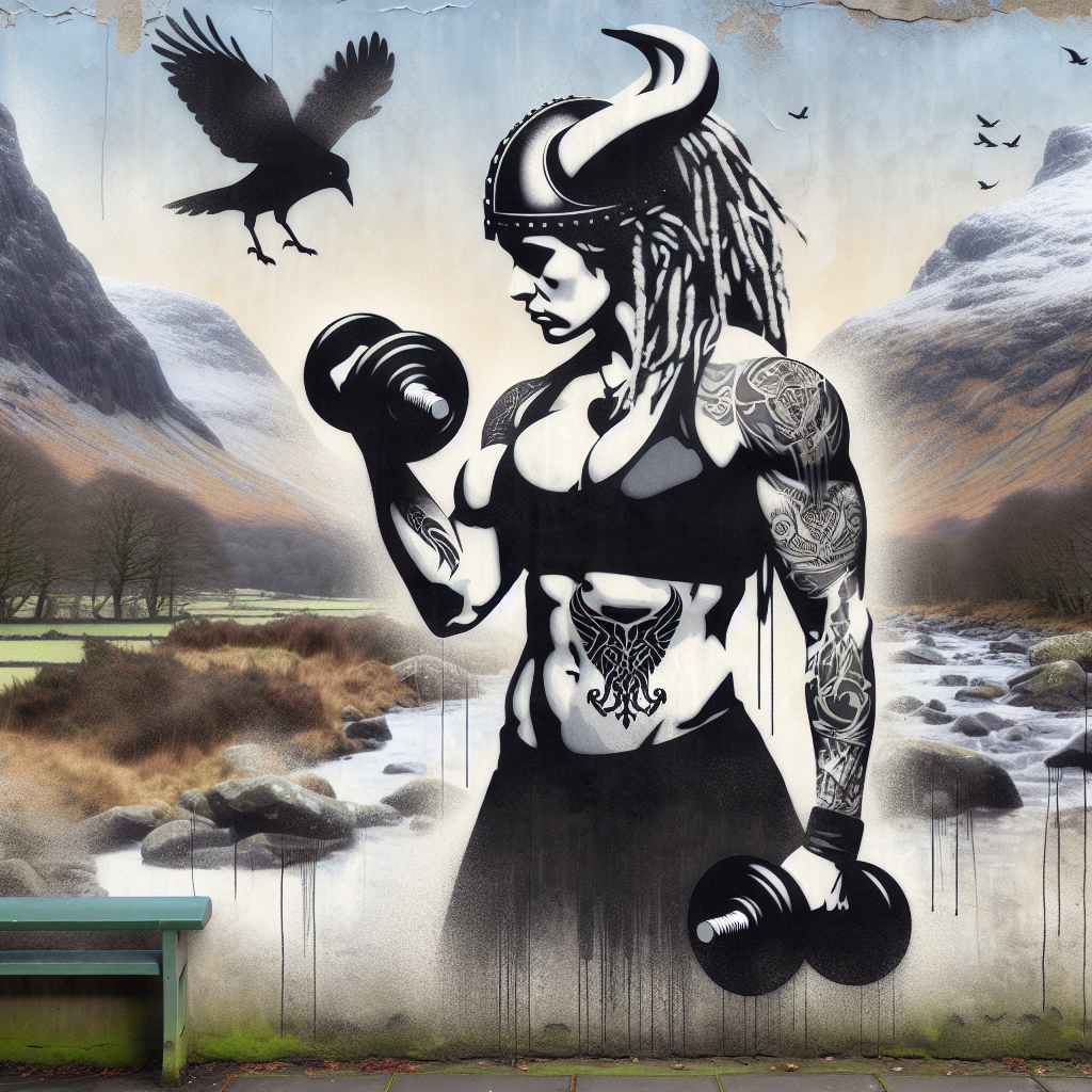 Imagine a blended scene of old-styled viking and modern gym atmosphere. The central figure is a well-built Welsh female viking, her physique reflecting the strength and ruggedness of the landscapes. Her dreadlocks spill onto her tattooed shoulders and a symbolic crow is perched on her arm, signifying her connection with the Viking customs. In her hand, she holds a dumbbell, a testament to her strength and fitness commitment. The whole scenery reflects the edgy, raw quality of a graffiti mural, using stencil techniques that evolve into a powerful logo. This is an image signifying achievement, inspiration, awe, and respect.
Generated with these themes: Female viking, Warrior, Fitness, Muscles, Viking, Female , Woman, Gym, Crow , Wales, Stencil, Logo , Dreadlocks , Graffiti, Tattoos, and Dumbbell .
Made with ❤️ by AI.