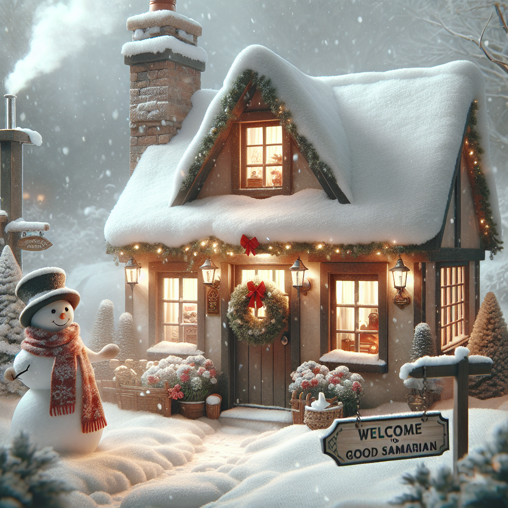 A cozy, heartwarming scene featuring a snow-covered cottage with a wreath on the door. Smoke gently rises from the chimney, thick snowflakes fill the air, and a friendly snowman with a top hat greets passersby. Warm light spills from the cottage windows, and right by the doorstep, a sign reads 'Welcome Good Samaritan' in festive, cheerful lettering, inviting all into the warmth inside.
Generated with these themes: welcome good Samaritan.
Made with ❤️ by AI.