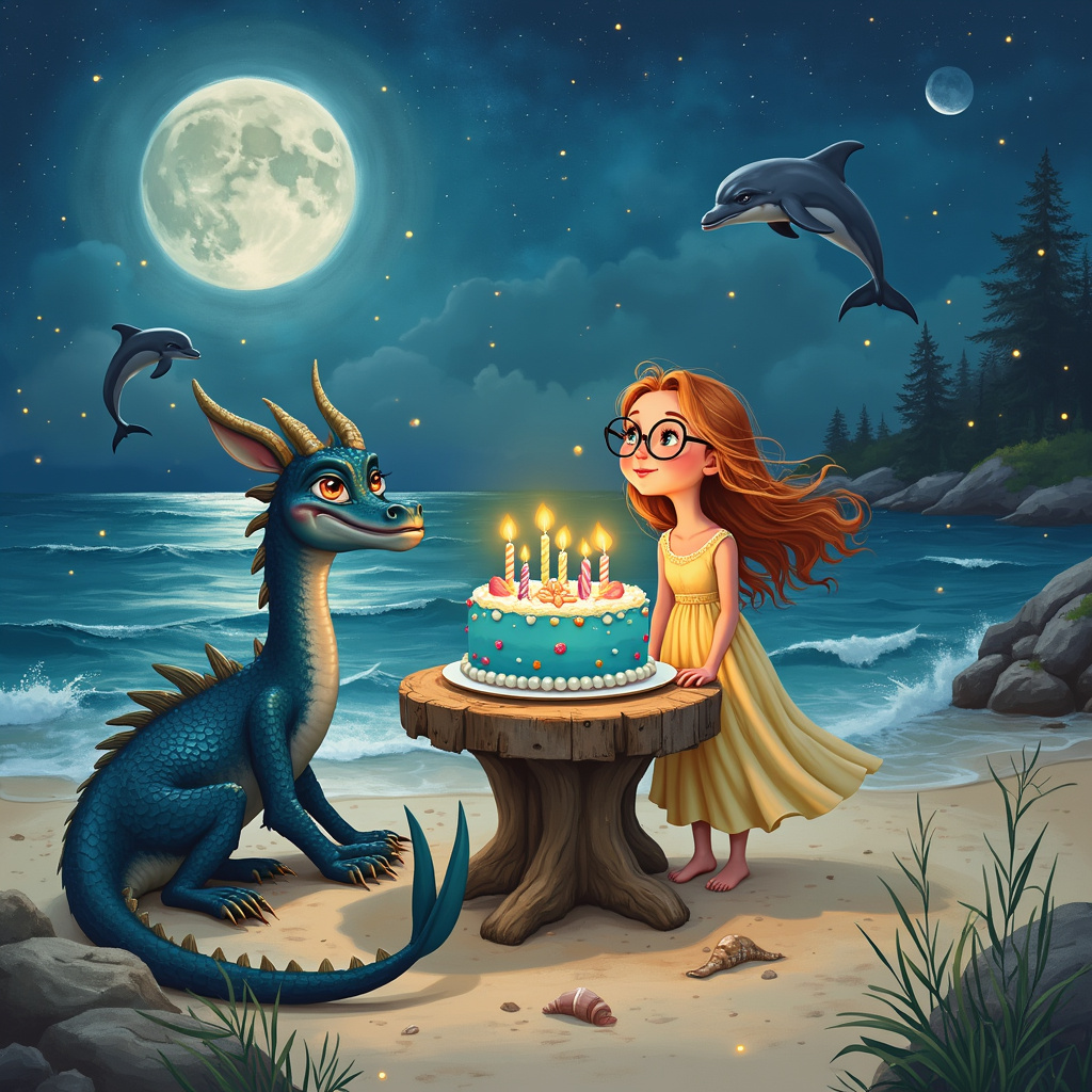 On the cover of the birthday card, imagine a moonlit beach where the night sky is illuminated by a constellation of stars, fireflies dancing around like tiny lanterns. The silvery moon hangs low, casting a serene glow over the scene. In the foreground, a whimsical and vibrant birthday cake sits atop a weathered driftwood table, its candles flickering in the night breeze. The cake is adorned with sea-inspired decorations, such as edible pearls and seashells.

Lizzie, with her long blonde hair cascading down her shoulders, stands next to Pippa. Both are wearing glasses; Lizzie's are delicate and round, while Pippa's are more angular. Pippa, with her ginger curly hair bouncing with every movement, leans in close, her eyes wide with excitement. Both girls are dressed in ethereal, flowing dresses that flutter gently in the night air.

Surrounding them, mythical creatures come to life: a dragon with iridescent scales lounges majestically on the sand, its eyes reflecting the glow of the moon. Nearby, dolphins leap gracefully out of the water, their sleek bodies glistening under the starlight. 

In the background, the ocean stretches out, its surface reflecting the myriad of stars and the radiant moon. The beach is dotted with fireflies that twinkle and drift lazily around, adding to the magical ambiance. The scene captures a perfect blend of reality and fantasy, a beautiful tribute to the celebration at hand.
Generated with these themes: Mythical creatures, Blue, Green, Long blonde hair Lizzie glasses, Ginger curly hair Pippa glasses, Birthday cake, Fire flies, Night time, Moon, Stars, Beach, Dolphins, and Dragon.
Made with ❤️ by AI.