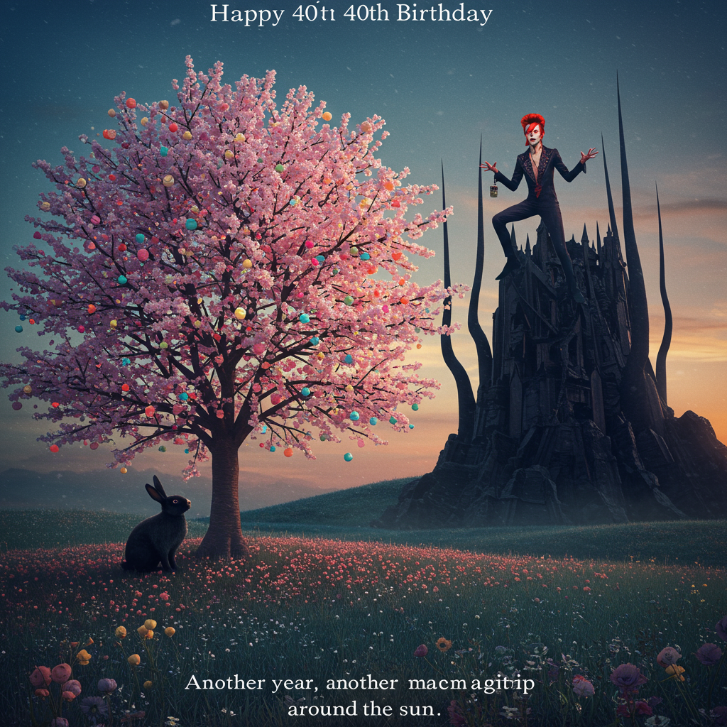 David Bowie, Black rabbit with white nose, Cherry tree, Gothic, Sweeties , and Birthday Card