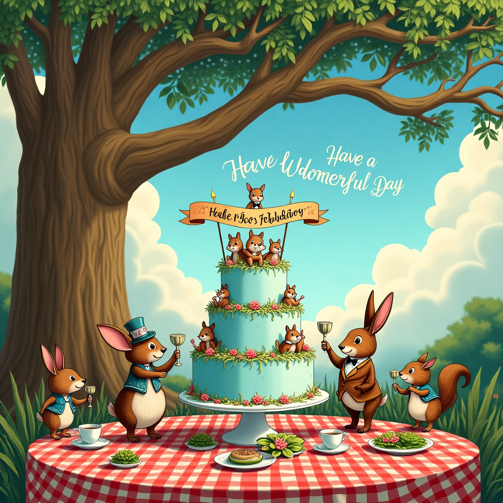 The scene unfolds in a whimsical garden party set beneath a grand, ancient oak tree whose branches spread out like the embrace of a gentle giant. In the center of the illustration, a large, ornately decorated cake stands proudly on a red and white checkered tablecloth. The cake is tiered and frosted with pale blue icing, adorned with tiny sugar sculptures of characters reminiscent of Maurice Sendak's wild things, their faces gleeful and cheeky. Atop the cake, perched like a regal crown, is a banner made from delicate, golden filigree, spelling out "Happy Birthday Lincoln Virdee" in swirly, playful letters.

Around the cake, a lively gathering of animals, dressed in dapper Victorian attire inspired by Beatrix Potter's beloved creatures, are seen celebrating with joyous abandon. A dapper rabbit in a waistcoat and bowtie, inspired by Arthur Rackham's intricate illustrations, raises a teacup in a toast, while a hedgehog in a quaint bonnet and a squirrel with a tiny monocle dance merrily to the tunes played by a frog band seated on a nearby lily pad.

In the background, the sky is an enchanting shade of twilight blue, with clouds swirling in the style of Maxfield Parrish, subtly hinting at a dreamscape. Among the clouds, the words "Have a Wonderful Day" are softly etched in a delicate, luminous script, like a whisper from the heavens. The scene is bordered by a frame of twisting vines and flowers, reminiscent of Aubrey Beardsley's elaborate line work, providing a delightful touch of elegance to this joyous birthday gathering for Lincoln Virdee.
Generated with these themes: Happy Birthday Lincoln, hope you have a wonderful day..
Made with ❤️ by AI.