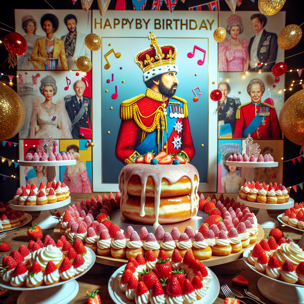 The room hums with a delightful birthday atmosphere, showcased by a collection of strawberries and cream displayed with thorough precision, forming an enticingly real dessert table. At the heart of it all lies a delicious glazed doughnut spectacle, topped with a sugar-crafted image of a distinguished royal figure, positioned against a background of musical symbols and vibrant confetti. This scene seamlessly blends the delight of a birthday party with the respect for an outstanding musician.
Generated with these themes: Strawberries and cream Krispy Kreme prince the singer.
Made with ❤️ by AI.
