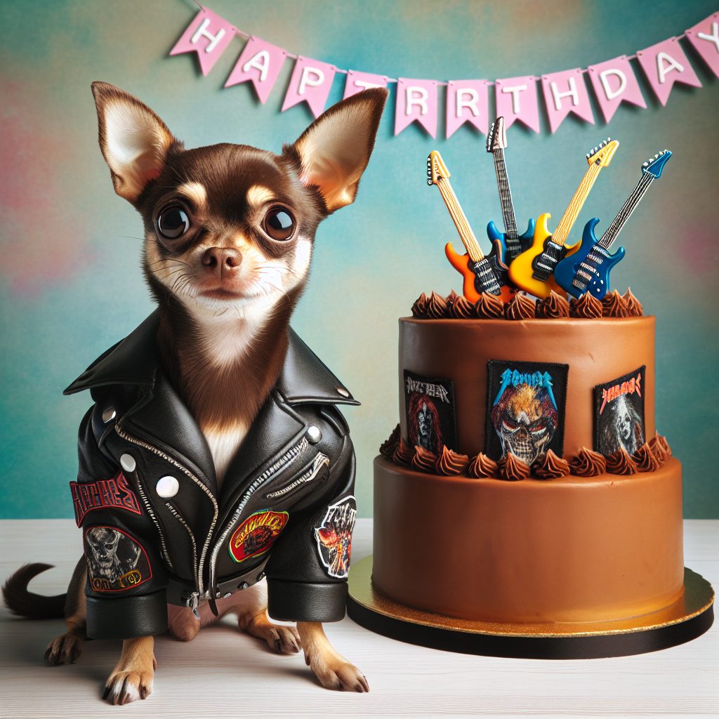 Generate an image of a charming, endearing Chihuahua with large eyes dressed in a leather jacket adorned with patches from heavy metal bands. The dog stands before a lavish chocolate cake that features a birthday banner made from miniature electric guitars. The chocolate icing of the cake stands out vibrantly against a backdrop with soft pastel-colors where subtle elements of heavy metal motifs are also present. This unusual combination contributes a delightful yet audacious atmosphere to the birthday celebration.
Generated with these themes: Heavy metal, Chocolate cake, and Chihuahua .
Made with ❤️ by AI.