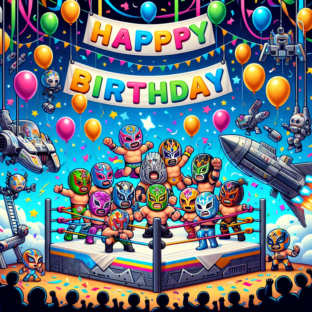 Create an image featuring a lively and spirited scene with a background full of multicolored balloons and streamers. In the main area, a group of happy and adorable cartoon characters dressed like wrestlers, wearing vibrant lucha libre masks, are in a ring made of confetti. Suspended above them is a banner with 'Happy Birthday' inscribed in bold typeface. Each corner of the design contains classic elements reminiscent of a famous space opera, including futuristic energy swords, mechanized helpers, and a cartoon version of a fast interstellar ship, merging the thrill of wrestling with the thrill of a journey through the stars.
Generated with these themes: WRESTLING, and Star wars.
Made with ❤️ by AI.