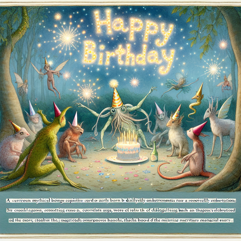 A delightful forest clearing serves as the canvas for a birthday bash hosted by quirky mythical creatures. The central creature is humorously portrayed with an 'offensive' party hat. Above, enchanted sparkles converge to spell out 'Happy Birthday' in the magical atmosphere.
Generated with these themes: offensive  .
Made with ❤️ by AI.