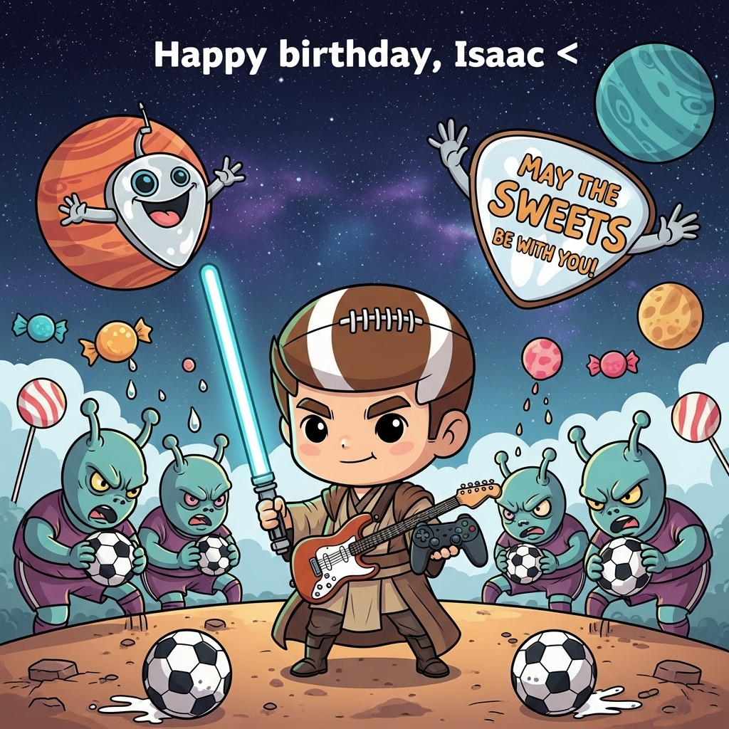 Star Wars - PlayStation - football - guitar - sweets, and Birthday Card