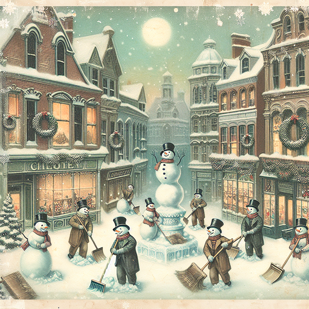 Photo of a vintage-style Christmas card depicting a snow-covered town square, with the Crewe Clean Team of snowmen merrily cleaning and preparing for a Victorian Christmas celebration.
Generated with these interests: Victorian Christmas snow scene, Snowman, and Merry Christmas Crewe Clean Team.
Made with ❤️ by AI.
