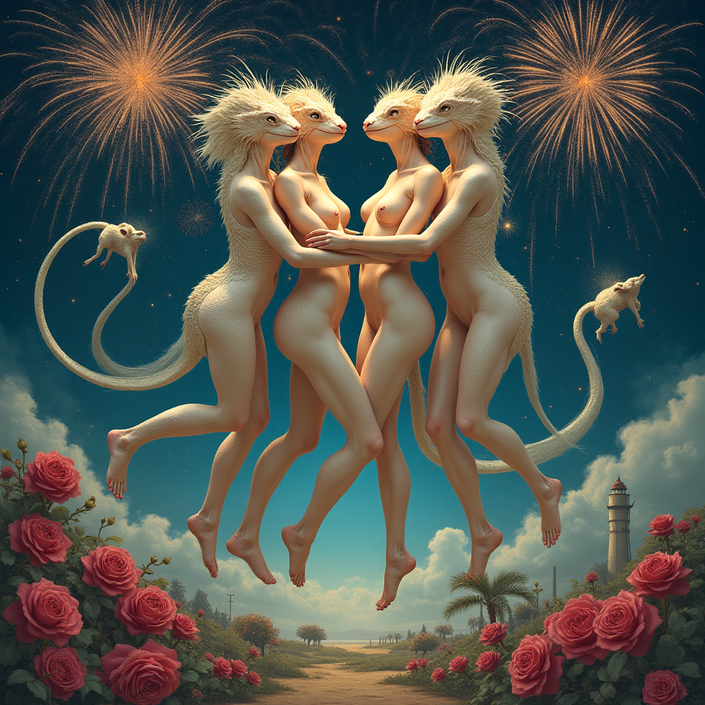 At the top of the Surreal Style image, include the text: **4th 4 All**

---

**Image Prompt:**

A dreamlike, surreal anniversary scene set against a backdrop of fireworks in a night sky, reminiscent of a Fourth of July celebration. Five intertwined female figures, each with an extra head representing diverse aspects of women's liberation, are depicted in a fluid dance. Their bodies blend seamlessly into ethereal reptilian symbiotes, with scales that shimmer like fireworks. Their elongated limbs reach out, connecting and entwining in an erotic embrace, symbolizing unity and passion. 

Below, an enchanting landscape unfurls, with elements like oversized roses and clocks melting into each other, nodding to the passage of time and love's endurance. The lighting is soft and mystical, casting a warm, inviting glow. A playful rabies-infected raccoon, embodying mischief, peeks from the edge, adding a touch of humor. This surreal tableau celebrates freedom, love, and togetherness in a whimsical and romantic manner. 

---

**Optional Text (if it adds to the image):** "Time melts, love evolves, freedom reigns."
Generated with these themes: Fourth of july, Women’s liberation, Rabies, Erotica, 5 heads, Reptilian symbiotes, and .
Made with ❤️ by AI.