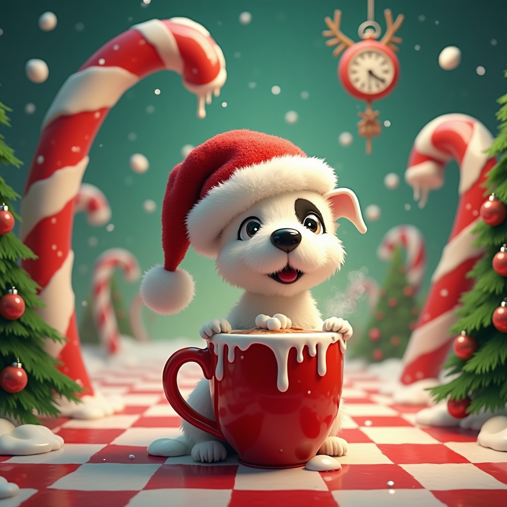 At the top of the Surreal Style image, write in whimsical, floating candy-cane letters: **"Happy Christmas Love Tia"**.  

A dreamlike, surreal Christmas scene: a cheerful white staffie with a black patch over her left eye sits on a melting candy-cane throne, wearing an oversized Santa hat that drips like red wax. Around her, snowflakes are actually tiny floating baubles with wiggly eyes, slowly orbiting her head like planets. The ground is a glossy red-and-green checkerboard that stretches into infinity, with giant bent Christmas trees sprouting upside down from the sky, their roots dangling like icicles. The staffie is holding a steaming mug of hot chocolate that defies gravity, with marshmallows drifting upward into the aurora-like swirl of peppermint clouds. A giant clock made of gingerbread hangs in the distance, its hands made of antlers, pointing to “midnight-ish.” The lighting is warm, golden, and softly ethereal, casting long, dreamlike shadows that bend and curl.  

Would you like me to also create **a few punny alternative text captions** you could float into the scene for extra comedy?
Generated with these themes: White staffie with black patch over left eye, and .
Made with ❤️ by AI.
