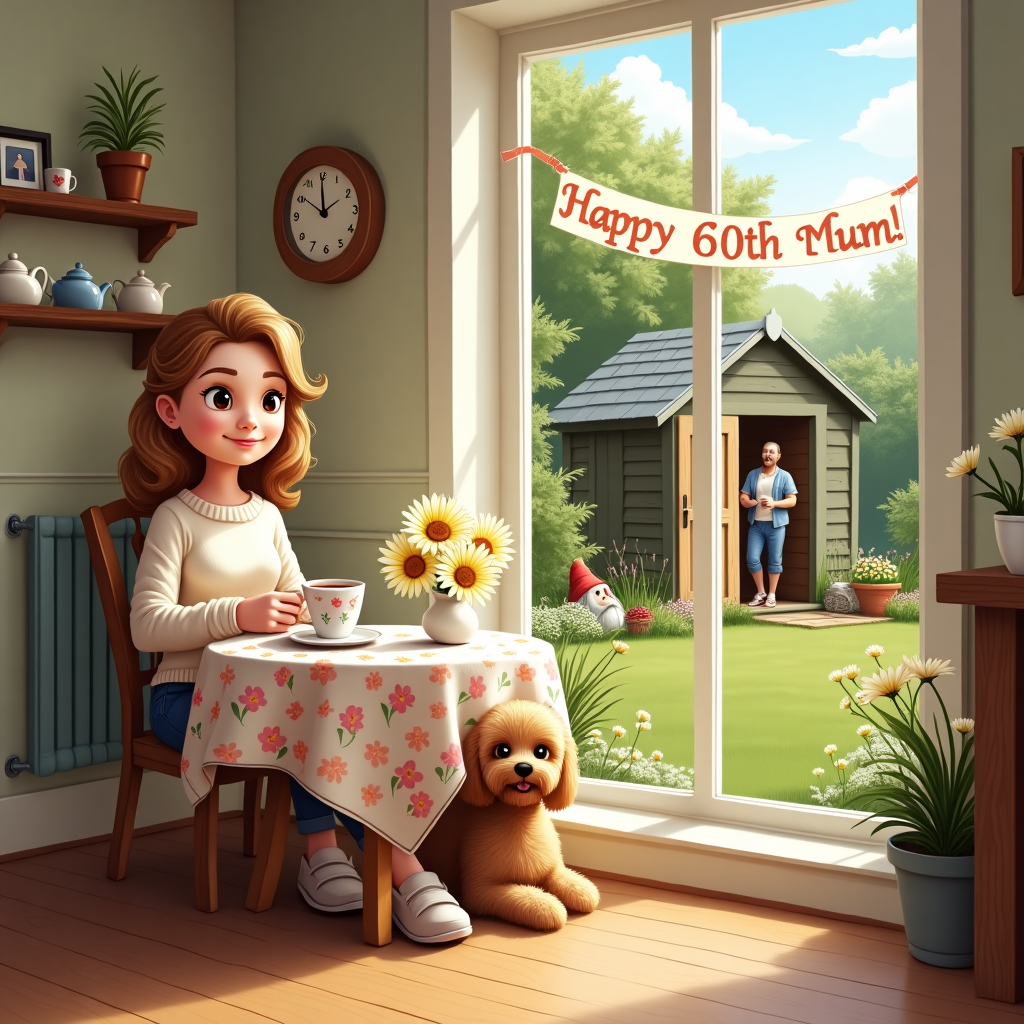 The scene unfolds in a cozy, sunlit kitchen where a white woman with brown eyes and light brown hair is comfortably seated at a small round table, sipping tea from a whimsically designed mug. At her feet, a fluffy brown cockapoo dog rests with its head nestled contentedly on her slippered foot. The woman is dressed in a casual yet elegant pastel sweater, and her gentle smile hints at a moment of peace and contentment. The table is adorned with a vibrant floral tablecloth, and beside her, a small vase overflows with freshly picked daisies.

To the right of the table, a large window offers a picturesque view of the backyard. Through the window, the woman's husband is visible, tinkering with tools in his charming, slightly cluttered shed. The shed is surrounded by a lush, well-tended garden with a sprinkling of colorful wildflowers and a few curious garden gnomes peeking through the foliage. Above the shed, a banner stretches across the sky in cheerful, swirling letters, declaring "Happy 60th Mum!" as it gently flutters in the breeze.

The room's walls are dotted with framed family photos and a clock that ticks softly above a rustic wooden shelf lined with an assortment of teapots and cups. The floor is wooden, polished to a warm sheen, reflecting the soft morning light streaming in. This delightful, narrative-rich scene captures the essence of a simple yet deeply cherished moment, perfectly illustrating the milestone of a beloved mother's 60th birthday celebration.
Generated with these themes: White woman with brown eyes and light brown hair sitting drinking tea with a brown cockapoo dog sitting by her feet. In the background, out of a window is her husband working in his shed. Please add "Happy 60th Mum!" to the top of the card.
Made with ❤️ by AI.