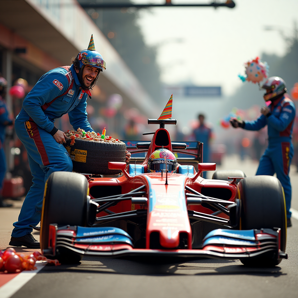 **Image Prompt:**

Imagine a bustling F1 pit stop scene transformed into a quirky birthday celebration. The main mechanic, sporting a birthday hat and an oversized grin, is enthusiastically swapping out a car tire with a giant, colorful birthday cake. Fellow mechanics in the background juggle wrenches and balloons, adding to the chaos of the birthday pit stop. The F1 car itself is humorously modified with vibrant party streamers trailing from the rear wing, and the driver's helmet is comically painted like a festive piñata. 

**Text Caption:** "Pit Stop for a Birthday Tune-Up!"
Generated with these themes: F1 , Mechanic, and .
Made with ❤️ by AI.