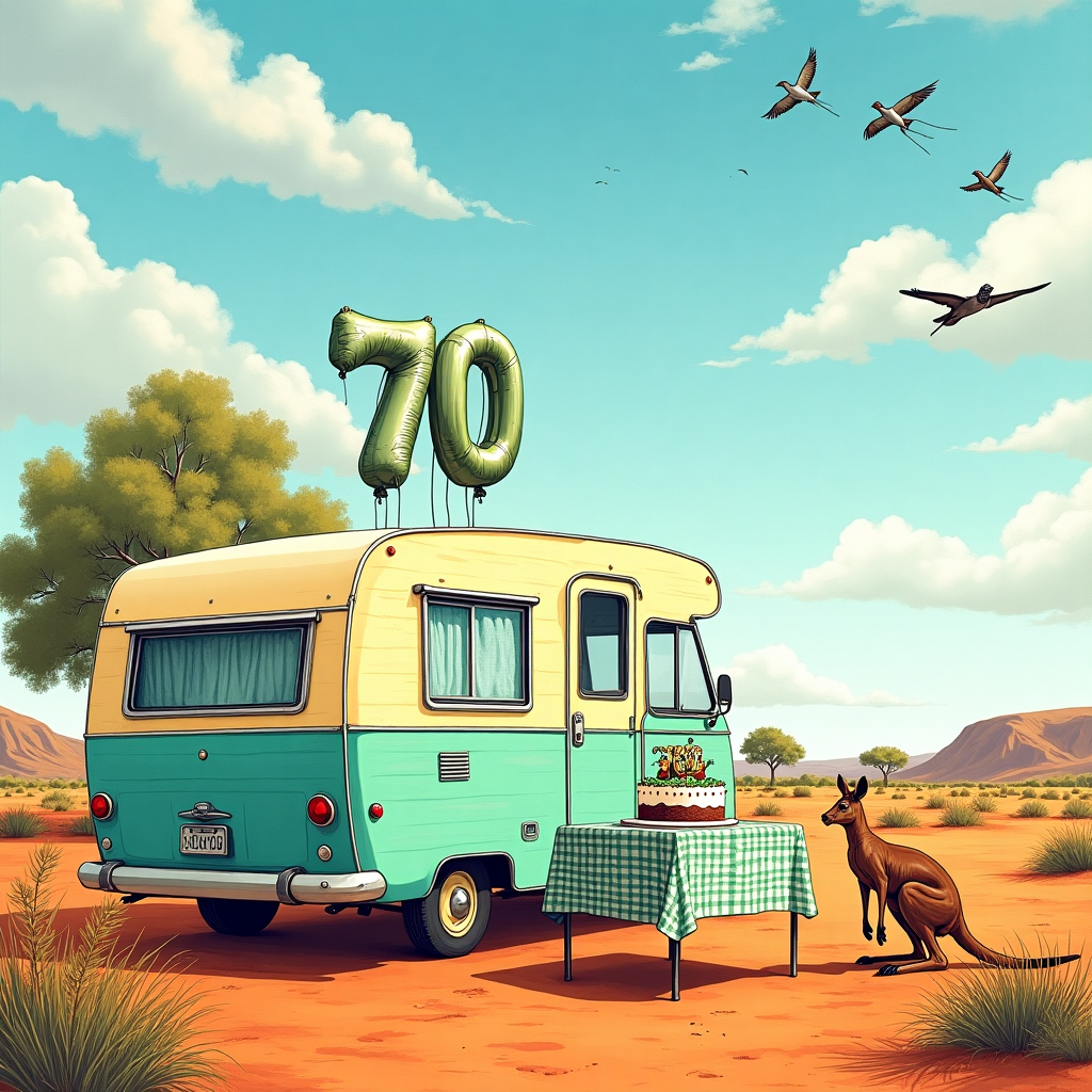 The front cover of this birthday greeting card features a vibrant and playful hand-drawn illustration, combining elements of whimsy and detail reminiscent of Norman Rockwell's storytelling style, infused with the bold, expressive line work akin to Quentin Blake. The scene unfolds in the rugged and vast landscape of the Australian Outback.

Central to the illustration is a vintage motorhome, painted in a patchwork of warm earthy tones and pastel blues, its charm enhanced by the detailing reminiscent of Beatrix Potter's quaint countryside scenes. The motorhome is parked on the reddish-brown dirt typical of the Outback, surrounded by sparse vegetation and a few rugged eucalyptus trees sketched with the delicate lines of Aubrey Beardsley.

In front of the motorhome, a portable folding table is set up. It's adorned with a classic checkered tablecloth in green and white, a nod to the lush elements of the Outback. On the table are an assortment of items: a large birthday cake decorated with green and silver balloons made of icing, each balloon reflecting the sunlight with a metallic sheen. The cake is artistically topped with the number "70" in bold silver, echoing the shimmering quality found in Maxfield Parrish's work.

The sky above is a wash of watercolor blues, fading into deeper shades as it stretches across the card, filled with Gustave Doré-inspired detailed cloud formations. A flock of birds, perhaps galahs or cockatoos, adds movement and life to the expansive sky, their silhouettes lightly sketched, reminiscent of Arthur Rackham's graceful characters.

Scattered around the scene are additional green and silver balloons, some tethered to the motorhome's side mirror, others gently floating upwards, creating a sense of festivity. Each balloon is crafted with intricate detailing, showcasing reflections and shadows that play with the sunlight.

In the background, the iconic silhouette of a kangaroo can be seen bounding across the horizon, its presence adding an authentic touch to the Outback setting, captured with a touch of Maurice Sendak's playful spirit. To further enhance the depth, distant hills and a meandering dirt road lead the eye through the scene, inviting exploration.

Overall, the card is a detailed tapestry of storytelling elements, each meticulously drawn and colored to create a cohesive and engaging birthday scene that captures the essence of a 70th celebration in the heart of Australia's wild and beautiful landscape.
Generated with these themes: Motorhome, Outback australia, 70th birthday, and Green and silver balloons.
Made with ❤️ by AI.