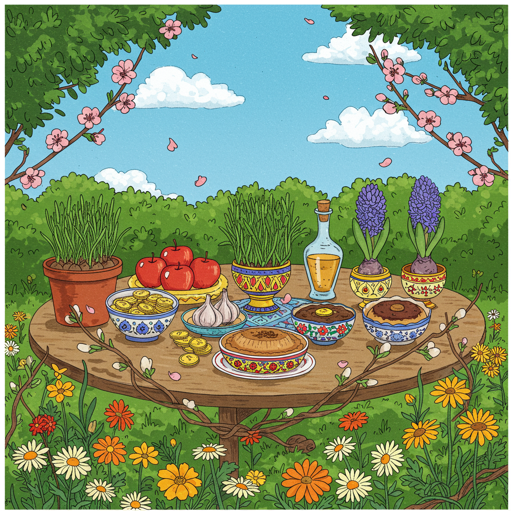 The front cover of this New Year's greeting card will be a vibrant and whimsical celebration of نوروز (Nowruz), blending intricate detail with expressive charm. The scene is set in a lush garden, symbolizing the renewal and freshness of spring.

**Central Scene:**
- **Garden Setting:** A lush, verdant garden teeming with life. The foreground features detailed, hand-drawn wildflowers, daisies, and marigolds. Delicate, twisting vines with budding leaves weave throughout, and blooming cherry blossoms float in the air, hinting at renewal and growth.
- **Persian New Year Table (Haft-Seen):** Positioned centrally is a traditional Haft-Seen table, elegantly adorned with seven items symbolizing different hopes for the new year. Illustrated in rich, saturated colors, the table holds:
  - **Green Sprouts (Sabzeh):** A pot of vibrant green sprouts bursting with life.
  - **Apples (Seeb):** Shiny red apples, intricately detailed to capture their juicy essence.
  - **Garlic (Seer):** A cluster of garlic bulbs, their papery skins finely textured.
  - **Vinegar (Serkeh):** A decorative glass bottle filled with amber vinegar, light glinting off its surface.
  - **Coins (Sekeh):** Gleaming gold coins, meticulously rendered to show depth and shine.
  - **Hyacinth (Sonbol):** A blooming hyacinth with a soft purple hue.
  - **Samanu:** A rich, brown pudding-like dish, in a ceramic bowl with Persian motifs.
- **Goldfish Bowl:** A small, round bowl with an inquisitive goldfish, glistening scales captured with precision.

**Background Elements:**
- **Sky:** A bright azure sky stretches above, with fluffy, white clouds sketched in a Beatrix Potter style, providing a whimsical contrast to the garden below.
- **Mountains:** Faint outlines of majestic mountains are visible in the distance, rendered with soft gradients reminiscent of Maxfield Parrish's landscapes.
- **Pathway:** A winding stone pathway leads through the garden, each stone uniquely textured, guiding the viewer's eye through the scene.

**Additional Details:**
- **Butterflies and Birds:** A flurry of small, colorful butterflies flit across the scene, their wings capturing light in shades of blue, orange, and yellow. Nearby, a pair of sparrows perched on a branch, illustrated in a style reminiscent of Arthur Rackham, add a touch of life and detail.
- **Calligraphy:** The phrase "نوروز باستانی مبارک! 🌼🎉" is artistically woven into the sky, designed in elegant Persian script with flowing lines, adding a cultural flourish to the composition.

**Border and Style:**
- **Frame:** The scene is encased in an ornate border with intricate Persian patterns, reminiscent of Aubrey Beardsley's detailed work, framing the illustration and giving it a classic, timeless feel.
- **Colors:** A warm palette of greens, reds, golds, and purples dominates, evoking the richness of the Persian New Year, balanced by cool blues and whites for contrast.

This lively illustration combines elements of various artistic influences to create a detailed, expressive cover that celebrates the themes of Nowruz with creativity and charm.
Generated with these themes:  نوروز باستانی مبارک! 🌼🎉  بهار، فصل نو شدن و شادابی دل‌هاست. در این روزهای پر از امید و زندگی، آرزو می‌کنم که:  زندگی‌تان پر از عشق و شادی باشد دل‌هایتان همیشه سرشار از نور و امید باشد و سالی پر از موفقیت و خوشی برایتان رقم بخورد.  با آرزوی بهترین‌ها برای شما و خانواده‌تان در این سال نو!  ❤️ فرخنده نوروز! ❤️  ارادتمند: [رضا حاجی محمدی].
Made with ❤️ by AI.
