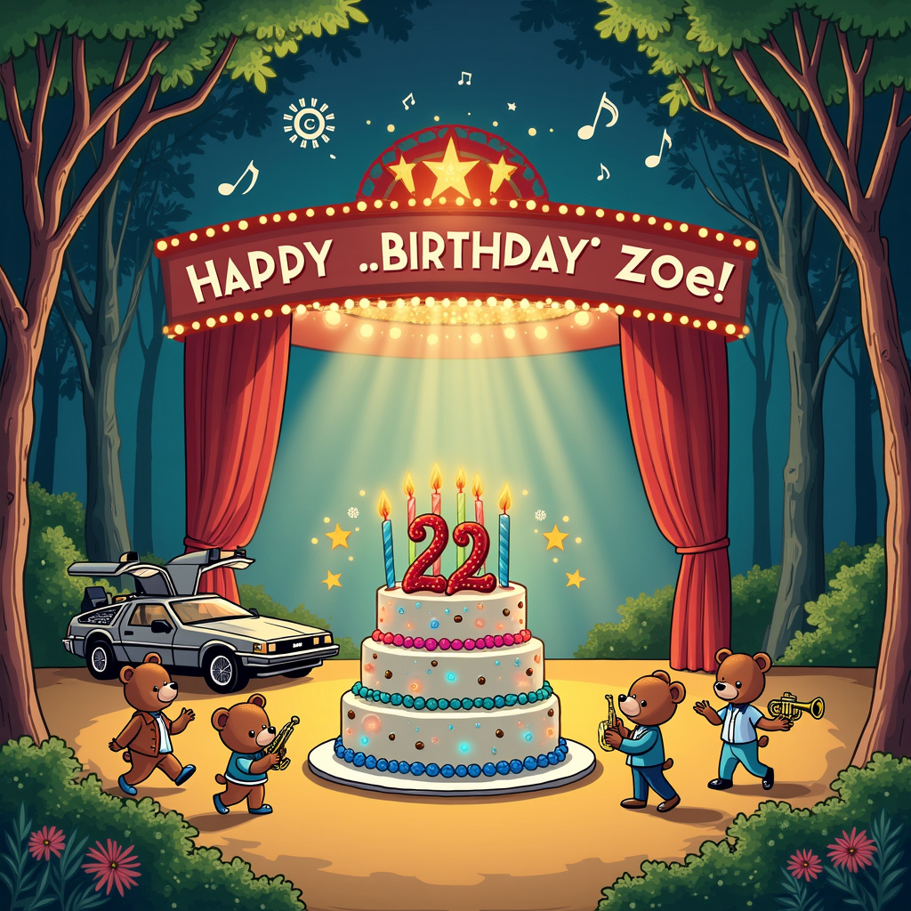 In the whimsical scene designed for Zoe's birthday card, we open with a bustling, vibrant stage set in an enchanted forest. The forest is a nod to a musical theatre backdrop, with grand, leafy trees and colorful stage lights illuminating the lush greenery. At the center stage stands a large, beautifully decorated birthday cake with "22" as the candles' numbers, proudly perched on top.

To the left of the cake, there's a retro-futuristic DeLorean car from "Back to the Future," its gull-wing doors open wide. Baby bears dressed in adorable 1950s outfits and tiny tap shoes hop out of the car, ready to join the celebration. One bear wears a leather jacket reminiscent of Marty McFly, while another dons a silver jumpsuit, a playful mix of sci-fi and musical theatre.

In the background, a marquee sign designed like a Broadway show banner reads "Happy Birthday, Zoe!" in bright, marquee lights. The name "Zoe" sparkles in the night sky, created by fireworks, adding a touch of magic. Above the marquee, musical notes and stars are scattered across the sky, evoking the atmosphere of a grand theatrical production.

On the stage, the cake itself is surrounded by a chorus line of baby bears, each holding miniature instruments—a violin, a trumpet, and a saxophone—contributing to the musical theatre theme. One bear is even performing a solo tap dance in front of the cake, capturing the playful essence of the scene.

Off to the right, a small orchestra pit is filled with more baby bears, wearing tiny conductor hats and playing a symphony in honor of Zoe's special day. The backdrop behind them features whimsical time-travel elements, like clock gears and swirling vortexes, seamlessly blending the "Back to the Future" theme into the theatre set.

The detailed, vibrant colors, and charming character designs are inspired by the creative genius of Charles Schulz, Walt Disney, and the other legendary artists, giving the card a nostalgic yet timeless appeal. This imaginative birthday scene is a celebration of Zoe's special day, blending the magic of theatre, the excitement of time travel, and the sweetness of a birthday cake, all brought together with the joyful presence of baby bears.
Generated with these themes: Back to the future, Musical theatre, Birthday cake, 22, and Baby bears.
Made with ❤️ by AI.