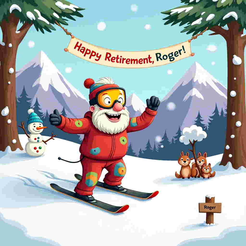 The scene unfolds in a snowy alpine setting, with the backdrop of majestic mountains painted in soft shades of lavender and sky blue, speckled with snow-capped peaks. In the foreground, a cartoon-style, exaggerated depiction of an elderly man—Roger—is joyfully skiing down a powdery slope. He sports a comically oversized pair of bright yellow ski goggles and a vibrant red ski suit adorned with cartoonish patches of various colors like green, blue, and orange.

Roger's exaggerated features include an oversized nose, big bushy white eyebrows, and a cheeky grin that reveals a missing tooth, adding a touch of humor to his animated persona. His white hair flutters wildly under a blue pom-pom beanie that seems almost too small for his head.

Above the ski slope, a festive banner is strung between two pine trees, whose branches are laden with cartoonish clumps of snow. The banner reads "Happy Retirement, Roger!" in bold, playful letters with each letter a different color, much like a rainbow.

To the side, a small cartoon snowman waves with a branch arm, its body decorated with multicolored buttons and a lopsided smile. Near the snowman, a group of cartoon woodland animals, including a deer, a rabbit, and a squirrel, are huddled together, watching Roger ski by with exaggerated wide eyes and comical expressions.

In the sky, a single puffy cloud drifts by, shaped like a ski boot, adding to the scene's whimsical touch. Below, in the snow, is a small signpost with "Roger" etched into it, positioned humorously just as Roger is about to ski past it, giving the sense of a grand, adventurous downhill journey.

The scene captures a moment of lively, colorful celebration and adds a sense of whimsy through its exaggerated features and playful elements, perfect for a birthday greeting card with a humorous and personalized twist.
Generated with these themes: My ex-boss, retired, love ski.
Made with ❤️ by AI.