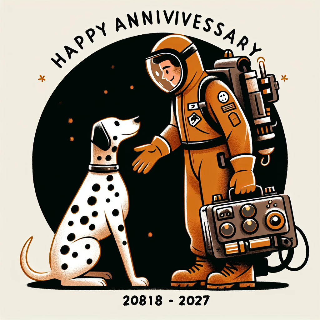 Create a warm, anniversary-themed illustration depicting a paranormal investigator in their typical jumpsuit carrying a gear similar to a proton pack, showing affection towards their companion, a Dalmatian dog. This dog has a unique coat with its spots oddly resembling little phantom figures, enhancing the overall theme of camaraderie and adventure.
Generated with these themes: Ghostbuster, and Dalmatian.
Made with ❤️ by AI.