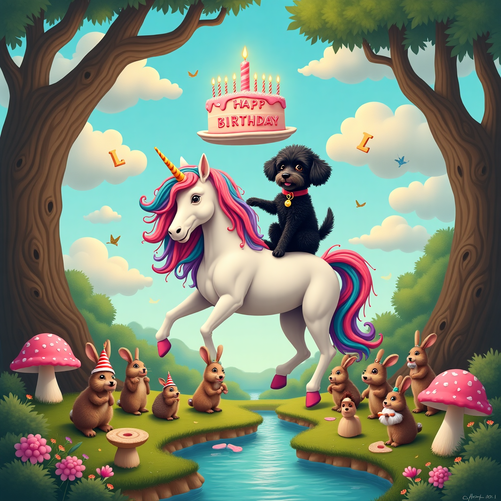 In a whimsical, enchanted forest, a hilarious birthday celebration unfolds. At the center of the scene, a lively black cockapoo with curly fur is perched atop a fantastical unicorn, whose mane is a riot of pastel colors—pink, purple, and blue—sparkling with tiny stars. The unicorn has a slightly bewildered yet amused expression, its horn glowing faintly as if acknowledging the mischief of its canine companion. Both creatures are standing in a clearing surrounded by towering, gnarled trees with twisted branches that resemble something out of an Arthur Rackham illustration.

Above them, a gigantic birthday cake floats mysteriously in mid-air, its frosting a swirling mix of rainbow hues, topped with candles that spell out "Happy Birthday, Lexi!" in cheerful, looping letters. Around the cake, a group of woodland creatures—rabbits, hedgehogs, and squirrels, all with expressive faces reminiscent of Beatrix Potter's characters—are looking up in awe, some holding tiny, colorful party hats and others munching on oversized slices of cake that have magically landed on their paws.

The sky above is a clear, soft blue, dotted with fluffy clouds that have been whimsically shaped into letters, further spelling "Lexi" in a playful yet subtle nod to the birthday recipient. In the background, a sunlit, shimmering brook meanders through the scene, reflecting the fantastical colors of the unicorn's mane, while oversized mushrooms and wildflowers—reminiscent of Maxfield Parrish's vibrant palette—dot the forest floor. The entire scene is a playful, detailed tableau of enchantment and joy, drawing on the intricate and playful elements of classic illustrators to celebrate Lexi's special day.
Generated with these themes: Black cockapoo, and Unicorn.
Made with ❤️ by AI.