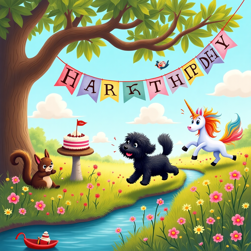 In the center of the greeting card, imagine a whimsical scene set in an enchanting, sun-dappled meadow. A mischievous black cockapoo, with fluffy ears and a wagging tail, joyfully leaps through a field of colorful wildflowers. Its fur is depicted with meticulous detail, capturing the playful curls that define its breed. This lively pooch is playfully chasing a prancing unicorn, whose mane and tail shimmer with all the colors of the rainbow. The unicorn, graceful yet slightly goofy, has a sparkle in its eye, as if it's in on a delightful secret. In the background, a majestic oak tree stretches its branches, and perched atop one of them is a tiny bird, whistling a cheerful tune. Suspended from the oak tree, a vibrant banner with the words "Happy Birthday, Lexi!" flutters gently in the breeze, with letters artistically crafted from intertwined vines and flowers. Above, fluffy clouds gather in the bright blue sky, and if you look closely, they seem to form the whimsical shapes of balloons and birthday cakes. To the left, a small, elegant toadstool serves as a makeshift table, with a slice of cake that’s half-eaten by a curious squirrel, its cheeks puffed with crumbs. In the foreground, a ladybug rides on a leaf boat in a sparkling, winding brook, completing the magical and humorous tableau.
Generated with these themes: Black cockapoo, and Unicorn.
Made with ❤️ by AI.