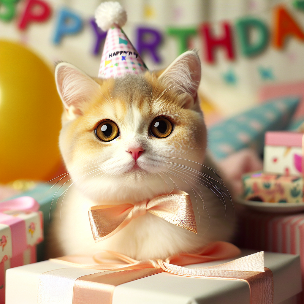 A charming Domestic Shorthair cat takes center stage at a birthday celebration. The kitten's coat gleams with hues of cream and light orange, accented by pristine white patches. Its striking yellow eyes radiate enthusiasm and curiosity. The feline is nestled among a pile of gifts, appearing to be excited and ready for the festivities. It wears an adorable, miniature party hat which adds to its charm. In the background, there is a vibrant birthday banner to complement the celebratory scene. Every detail contributes to an adorable, enjoyable kitty birthday vignette.
.
Made with ❤️ by AI.