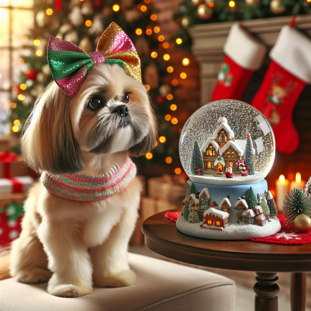 The festive illustration features a beige Shih Tzu dog with a playful bow, gazing at a snow globe that contains a miniature Christmas village. The surrounding room is adorned with stockings and garlands.
Generated with these themes: Beige Shih Tzu dog.
Made with ❤️ by AI.