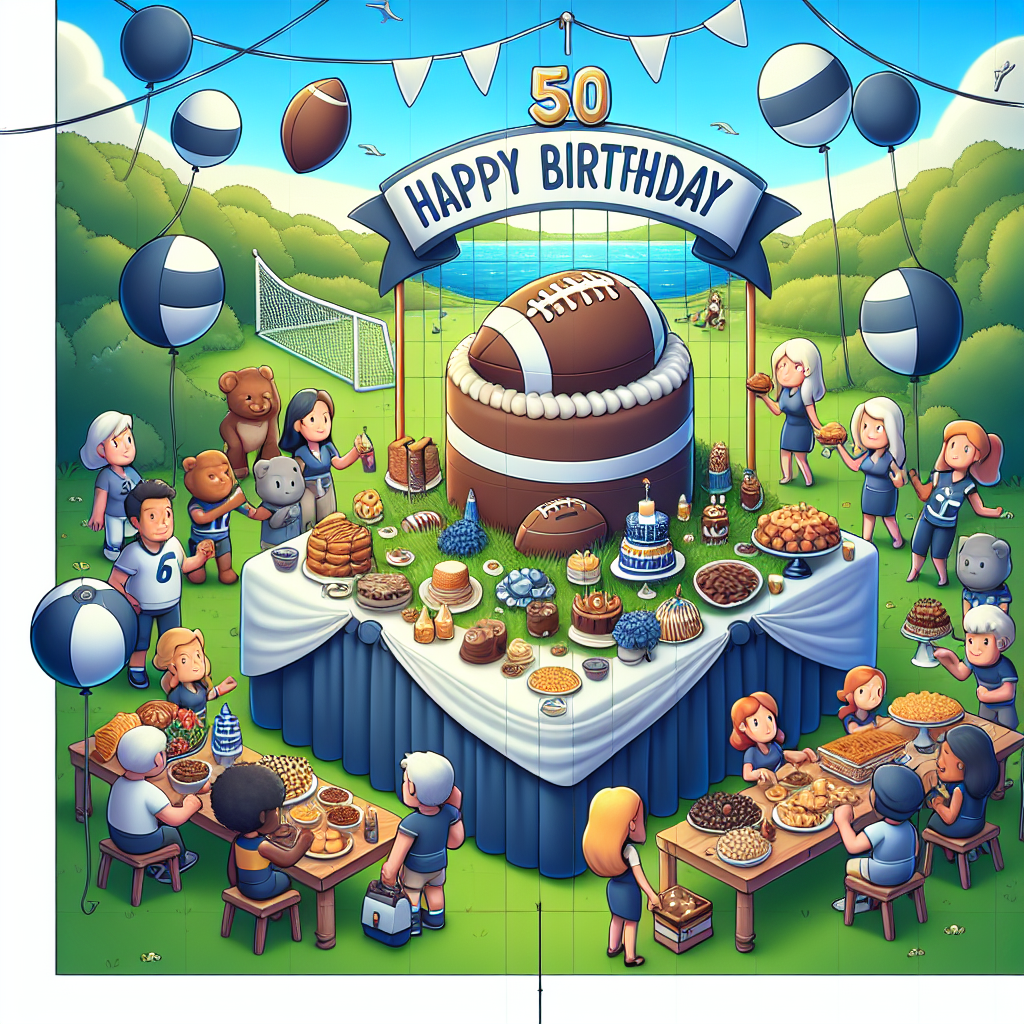 Craft a charming cartoon representation capturing the essence of a 50th birthday party themed around a beloved football team. The scene should depict a whimsical landscape where animated football fans of various descents and genders gather around a table full of scrumptious party food items. The centerpiece of the image should be a confectionery masterpiece – a football-themed birthday cake topped with a '50' in bold lettering. Also visualize balloon graphics and whimsical streamers in white and navy blue hanging in the background. This scene is a tribute to a significant milestone and the fans' adoration for their favorite sport.
Generated with these themes: Tottenham Hotspur , 50th Birthday , and Food.
Made with ❤️ by AI.