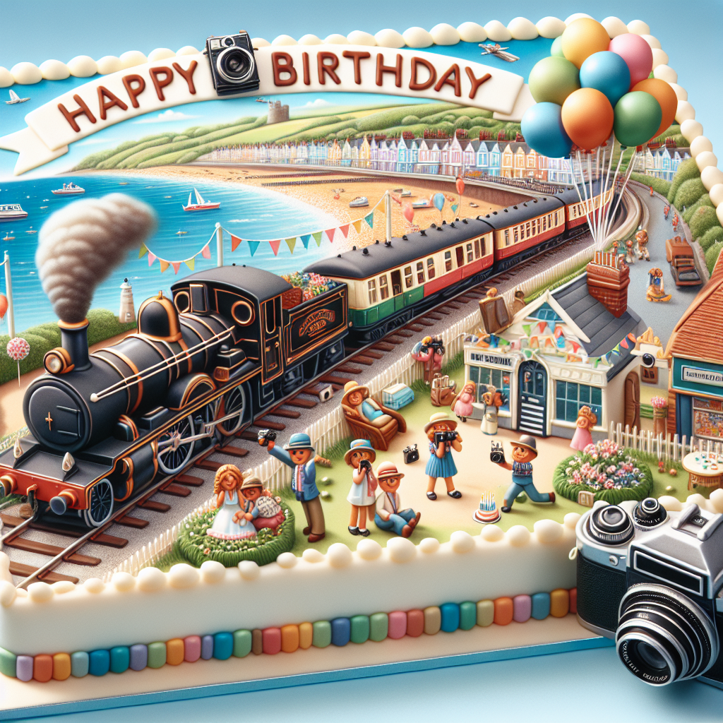 A delightful birthday-themed illustration showcases a whimsical photography scene set in a coastal town. In the center of the image, a classic steam train travels along a picturesque coastal track. The train is festooned with balloons and streamers, and its cheerful mixed raced passengers cheerfully wave cameras. The foreground of the image features a birthday cake adorned with miniature train figurines next to a vintage camera, symbolizing both celebration and the charm of old-time transportation.
Generated with these themes: Photography, Trains, and Sheringham .
Made with ❤️ by AI.