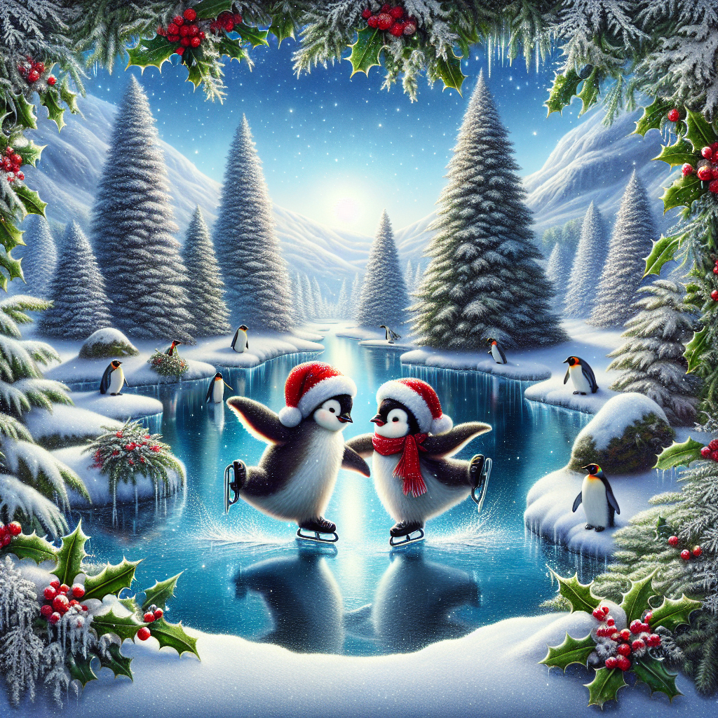 A charming Christmas vignette showcasing two penguins ice-skating on a frozen pond encircled by holly and fir trees. The penguins wear Santa hats, and the air is filled with the delicate flutter of snowflakes under the soft moonlight.
Generated with these themes: two penguins.
Made with ❤️ by AI.