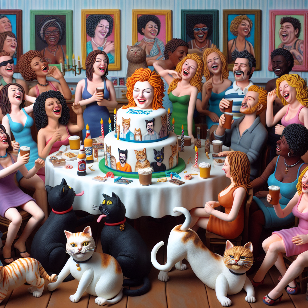 A lively birthday party scene comes to life, with the infectious sound of laughter permeating the room. Lifelike cats, each displaying playful and humorous expressions, weave in and out between the legs of the diverse attendees. The partygoers are a mix of Caucasians, Hispanic, Black, Middle-Eastern, South Asian, and White individuals, each engrossed in the atmosphere of joy. The centerpiece of the event is a jolly cake, crowned with a fondant figure of an individual with ginger hair, encircled by a gathering of amusing cats crafted from fondant. The setting is further enhanced by the walls, which are embellished with paintings of large, tattooed ladies. These caricature-like paintings depict women of various races and they're striking comical poses, perfectly encapsulating the cheerful and laid-back vibe of the birthday celebration.
Generated with these themes: Cats, Ginger hair, and Big tattooed ladies.
Made with ❤️ by AI.
