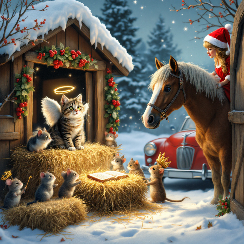 In the whimsical Christmas card scene, imagine a snowy village street, where an unusual Nativity play is underway in a cozy barn. At the center, a tabby cat wearing a miniature angel halo and wings sits regally atop a hay bale, overseeing the scene with a look of authority only a feline can muster. Around the cat, a team of mischievous kittens—one dressed as a shepherd with a tiny crook, another donning a crown like a Wise Man—attempts to herd a group of plush mice towards a makeshift manger. In the manger, instead of the traditional infant figure, there's a well-thumbed Bible with a glowing aura around it, suggesting divine presence. To the right, a large, gentle horse leans its head inside the barn door, its mane sprinkled with holly leaves and red berries, curious eyes observing the spectacle. Behind the horse, a cheeky nurse—complete with a Santa hat and festive scrubs—stands atop a classic red convertible, serving as the designated sleigh. The nurse playfully holds a steering wheel in one hand, while the other is poised mid-air, as if guiding imaginary reindeer. The background shows a landscape of snow-draped pines and twinkling fairy lights strung across the barn, casting a warm glow over the entire comedic tableau.
Generated with these themes: Cats, horses, bible, nursing, driving,.
Made with ❤️ by AI.
