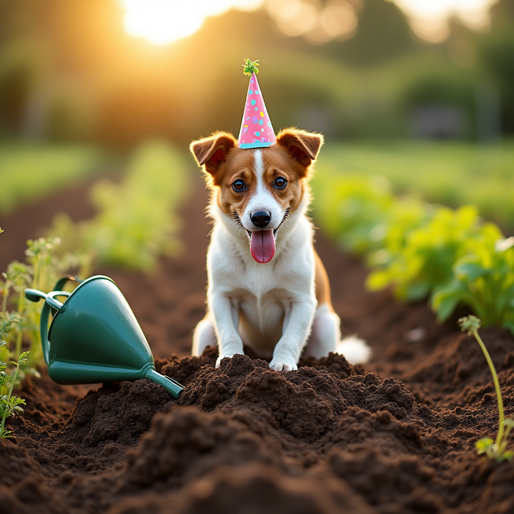 ### Image Prompt

Imagine a vibrant allotment bathed in the golden glow of a late afternoon sun. At the center of this bustling little green paradise is a mischievous Jack Russell Terrier, proudly sitting on top of a small hill of freshly dug carrots. His eyes twinkle with the joy of a job well done—or perhaps the glee of unexpected discovery.

Nearby, a watering can tips precariously, hinting at the dog's recent antics. In the background, rows of well-tended vegetables stretch out in a harmonious patchwork of greens and earthy browns, with delicate tendrils of vines weaving through the scene.

Perched jauntily on the Jack Russell's head is a small, crooked birthday party hat, its bright colors standing out against the natural backdrop. The dog's ears are perked up, as if listening for the sound of approaching footsteps, ready to dash off on another adventure.

### Text Caption

"Burying Bones and Birthday Wishes!"
Generated with these themes: Allotment, Jack russell, and .
Made with ❤️ by AI.