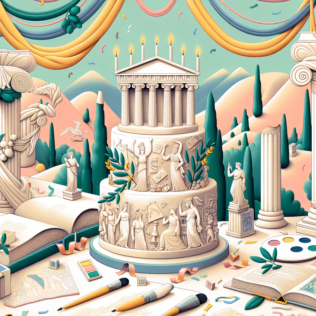 Create a whimsical birthday illustration imbued with the spirit of ancient Greece. The image should feature a pastel backdrop filled with marble temples and clusters of olive trees. Drape festive garlands across the scene, adding to the celebratory mood. At the center, place a tiered birthday cake carefully styled to resemble a classic Greek column. Surround the cake with open books, their pages brimming with illustrations of heroic figures and divine entities, reflecting the myths and art of that era. To one side, position an artist's palette and brushes, indicating a sense of creative process amidst the celebration.
Generated with these themes: Ancient Greece, books, art, .
Made with ❤️ by AI.
