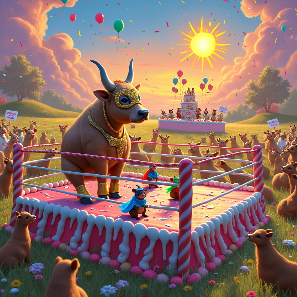 In a surreal, vibrant meadow that stretches into the horizon under a candy-colored sky, a spectacular birthday scene unfolds. At the center, a wrestling ring made of candy canes and licorice ropes is set up. The mat is adorned with confetti and streamers in every hue imaginable. 

In one corner of the ring stands a muscular, anthropomorphic cow wearing a sparkly championship belt and a bright, feathered mask that resembles a luchador's. This bovine wrestler is poised in an exaggerated stance, its hooves wrapped in golden boots. 

Across the ring, three stoats in matching, tiny wrestling outfits (complete with capes and masks) huddle together, planning their next move. Each stoat's costume features vibrant colors—one in electric blue, another in fiery red, and the last in neon green—creating a striking contrast against their sleek, brown fur.

Surrounding the ring, other cows cheer enthusiastically, some holding signs with puns like "Udderly Unstoppable!" and "Stoatally Awesome!" A group of stoats, acting as referees and commentators, sit at a long table overflowing with birthday cake, presents wrapped in shiny paper, and balloons of every shape—especially cow and stoat-shaped ones.

In the background, a massive, whimsical birthday cake resembling a wrestling arena itself is adorned with miniature cow and stoat figurines, each caught mid-wrestle. Above the ring, a friendly, anthropomorphic sun beams down, wearing a pair of oversized sunglasses, adding a playful touch to the surreal landscape.

This scene is brimming with quirky details—like a stoat delivering a flying dropkick from the top rope, confetti cannons going off in the corners, and a cow DJ spinning records on a hay bale DJ booth to the side. Every inch of the card is filled with action and whimsy, blending the surreal with a hearty dose of birthday cheer.
Generated with these themes: Cows, Wrestling, and Stoats.
Made with ❤️ by AI.