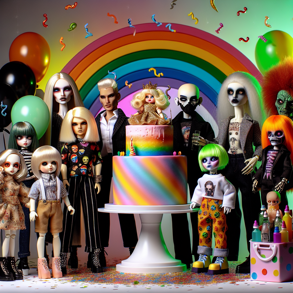 A fantastical birthday scene showcasing four groups of stylized and charismatic dolls: a tall, slender fashion doll with light skin and blonde hair; small, round-faced dolls with detailed clothing; high-fashion dolls exhibiting vibrant hair colors and edgy fashion; and stylized horror-themed dolls with a funky and quirky design. They congregate around a brightly decorated cake set as the focal point. Above them, an animatedly colored rainbow arcs, creating unity in diversity. In the foreground, there's a hefty water bottle, speckled with tiny festive symbols, providing a real-world usefulness amidst the imaginative setting.
Generated with these themes: Barbie, Lol surprise , Rainbow high, Monster high , and Stanley drinking cup.
Made with ❤️ by AI.