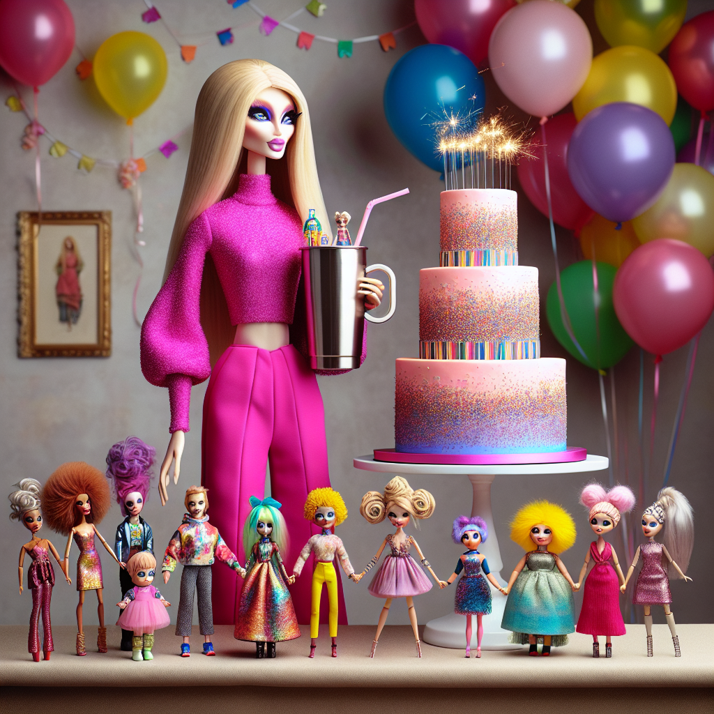 In a cheerful celebration setting, a tall, thin, blonde woman dressed in a fashionable bright pink outfit stands next to a beautifully decorated table. She's holding hands with varied other similarly sized doll characters featuring distinctive features such as bizarre hairstyle, colourful attire and peculiar facial makeup. Collectively, they're looking at a grand, multi-tiered birthday cake adorned with rainbow-coloured sprinkles and glittering sparklers. Conveniently placed aside, a metallic drinkable mug functions as a container for a cluster of colourful birthday balloons, contributing to the overall festive vibe.
Generated with these themes: Barbie, Lol surprise , Rainbow high, Monster high , and Stanley drinking cup.
Made with ❤️ by AI.