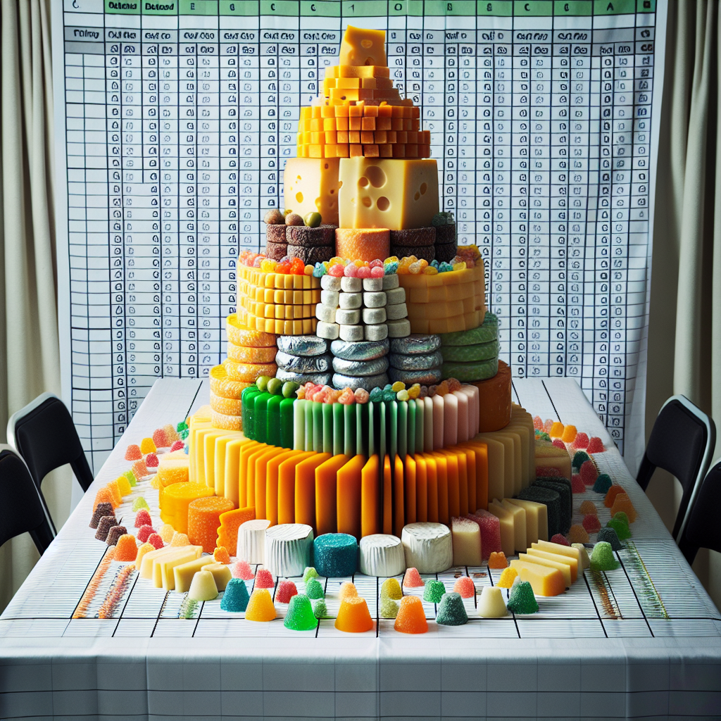Depict a quirky birthday setting with a table at the center. The centerpiece of the table is a meticulously constructed tower of different types of cheese, each laid with precision and care. Interspersed within the cheeses, there are a variety of brightly colored, chewy sweets, adding a whimsical contrast to the savoury cheeses. Covering the table is a tablecloth with a unique design - it imitates the grid patterns and cell layouts of an Excel spreadsheet, introducing a fun, geeky vibe to the overall scene. The entire setup beautifully draws together the unconventional combination of cheese, sweets, and spreadsheet aesthetics.
Generated with these themes: Cheese , Excel spreadsheets , and Moam sweets .
Made with ❤️ by AI.