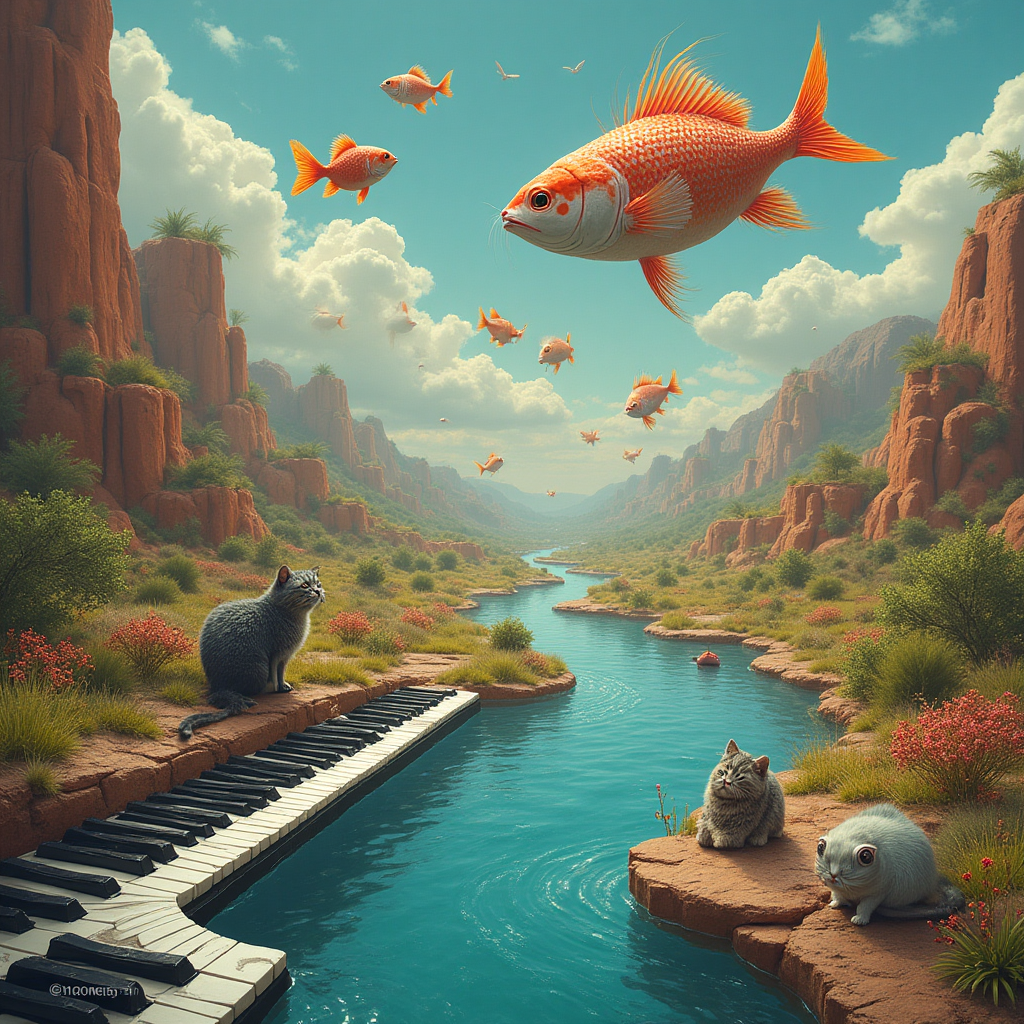 At the top of the Surreal Style image, the text reads: "Happy Birthday David!!"

---

Imagine a whimsical river meandering through a dreamscape where the water is a rippling keyboard, its black and white keys undulating like a musical stream. Along the banks, cats with melodious tails play miniature drums, their paws tapping out playful beats. Hovering above the river, colorful fish swim through the air, each scale shimmering with notes of a surreal symphony. 

In the background, Dali-esque landscapes melt into each other, creating an otherworldly harmony. A grand piano cloud drifts lazily across the sky, its strings strummed by gentle breezes. 

The caption at the bottom of the image reads: "Here's to a purr-fectly orchestrated birthday jam!"
Generated with these themes: River music keyboard drums cats fish, and .
Made with ❤️ by AI.
