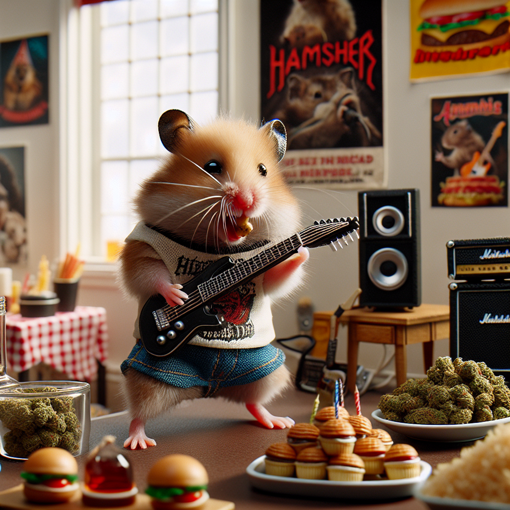 Imagine a photorealistic setting where a charismatic hamster steals the scene. This enchanting rodent is dressed in a miniature rock band tee, adeptly wielding a small electric guitar at a birthday party. The room brims with details of rock music culture: posters of iconic rock imagery and mini stacks of speakers punctuate the space. Alongside these elements, multiple smells permeate the room. The tangy undertone of marijuana subtly mingles with a buffet of miniature fast-food replicas designed to mimic a feast fit for a rock legend. All these elements meld to create a laid-back atmosphere, bridging the adorable with the edgy, resulting in an unforgettable rock-and-roll birthday celebration.
Generated with these themes: Hamster , Rock music, Electric guitar , Marijuana , and Fast food.
Made with ❤️ by AI.