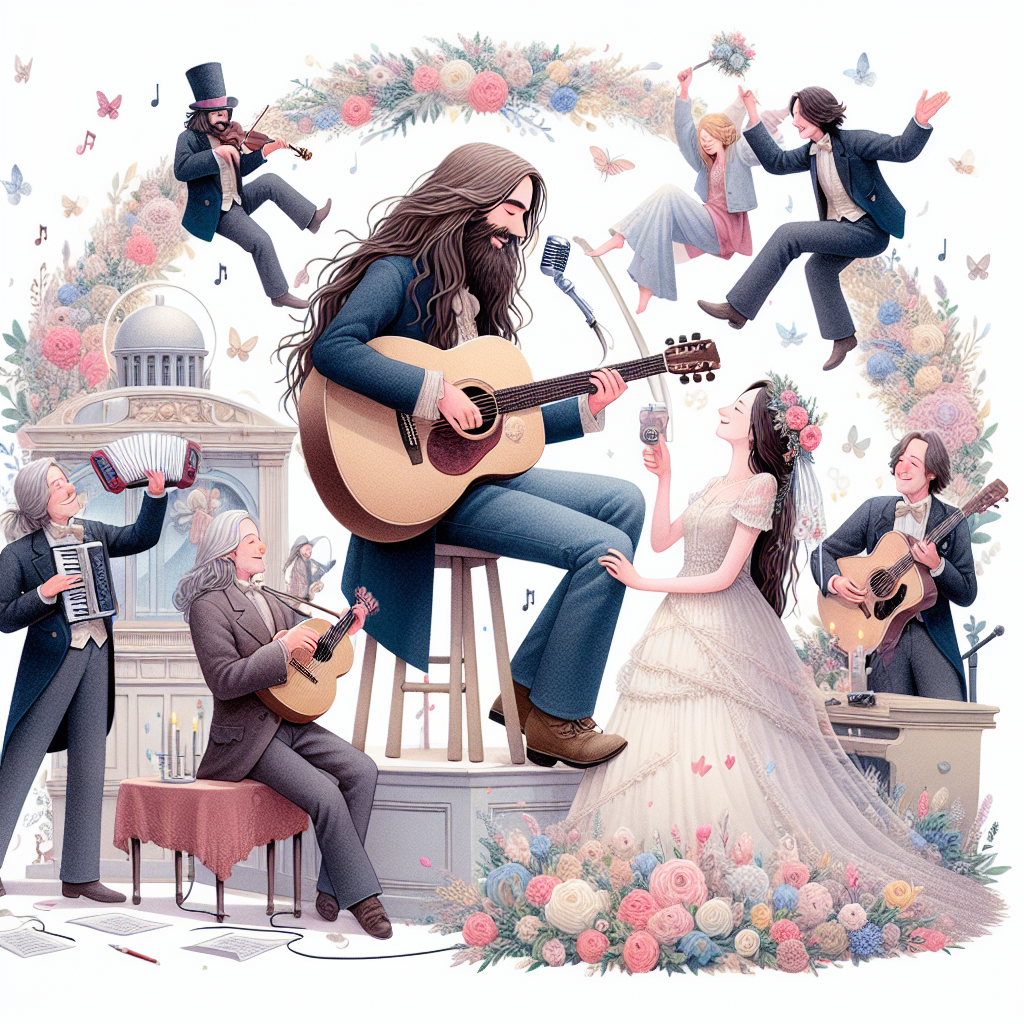 An endearing illustration features a long-haired musician with a unique guitar, members from a classic rock band, and members from an ambient music group whimsically interacting in a heartwarming anniversary setting. The long-haired musician, strumming his characteristic guitar, serenades a couple celebrating their love, while the classic rock band members, adorned in festive attire, play a joyful tune. The members from the ambient music group provide a dreamy backdrop with ethereal notes, all surrounded by soft, pastel colors and delicate floral accents symbolizing the romance of the occasion.
Generated with these themes: Brian May, The Who, and Sigur Rod .
Made with ❤️ by AI.