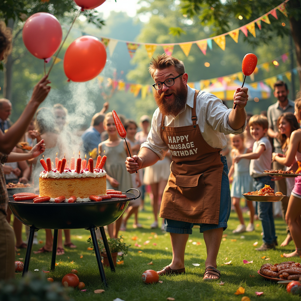 The scene unfolds in a bustling, whimsical garden party, with an eclectic mix of guests mingling under colorful bunting and twinkling fairy lights. In the center, a jovial Keir Starmer is humorously depicted as the barbecue king, donned in a "Grill Master" apron, his signature glasses slightly askew from the steam. He's expertly flipping sausages on sticks over a sizzling grill that has smoke billowing up into the shape of balloons. To his left, a cheeky sausage dog is trying to snatch a sausage from the table where an impressive sausage cake towers with candles shaped like miniature politicians. Behind Keir, a banner reads "Happy Sausage-tastic Birthday!" in bright, bold letters. The garden is dotted with guests holding sausages on sticks like party wands, their faces a mix of delight and surprise as they watch Keir's sausage-flipping antics. A picnic table nearby is adorned with plates of creatively arranged sausage dishes, from sausage rolls to pigs in blankets. In the background, children playfully chase each other, waving sausage-shaped balloons, while a whimsical sausage mascot entertains the crowd with silly dances. The scene is bustling with activity, laughter, and the unmistakable scent of grilled sausages, capturing the unique, humorous essence of a birthday party like no other.
Generated with these themes: Sausages on sticks, and Keir starmer.
Made with ❤️ by AI.