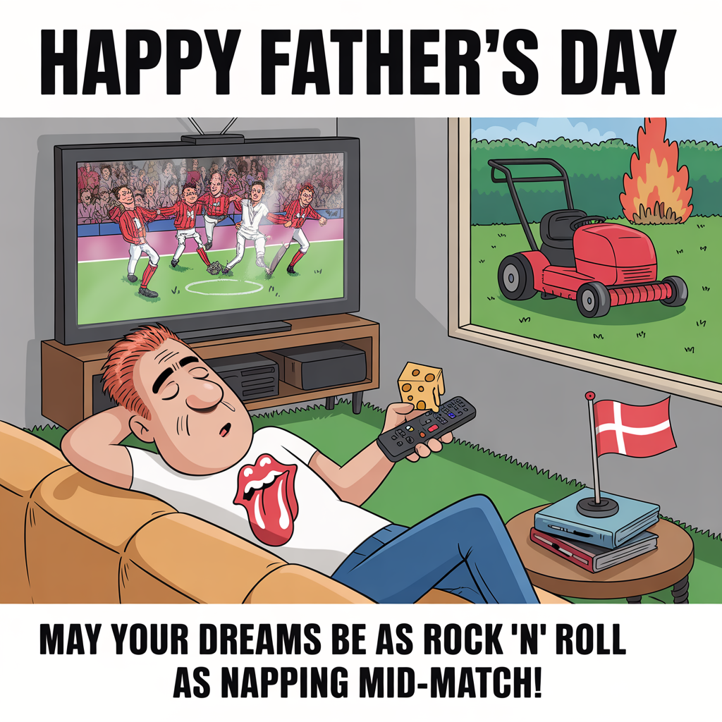 At the top of the image, "Happy Father’s Day":

   At the bottom of the image, "May Your Dreams Be as Rock 'n' Roll as Napping Mid-Match!"

- In the center of the image, depict a cartoon-style scene of a father figure with exaggerated features lounging on a sofa. His eyes are closed as he sleeps, holding a TV remote in one hand and a piece of cheese in the other. 

- Behind him, a TV displays a lively sports match with the teams humorously dressed as Monty Python characters.

- The Rolling Stones logo peeks from his T-shirt, and a ride-on lawn mower sits in the corner of the room with tiny flames and smoke indicating a lighting bonfire in the garden outside the window.

- A small Danish flag rests on a side table next to a stack of records, completing the whimsical scene.
Generated with these themes: Watching sport on tv, falling asleep on sofa, Monty python, Rolling Stones, cheese, ride on lawn mower, lighting bonfires, Denmark, , and .
Made with ❤️ by AI.