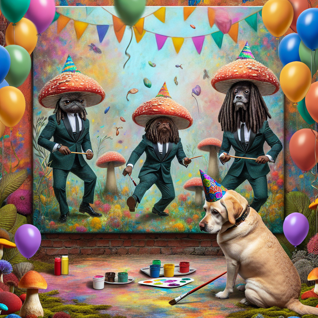 In the midst of a joyous birthday celebration, a quaint Labrador with petite dreadlocks is depicted creating an abstract mural of exotic plants and magical mushrooms. Overhead, balloons sway gently in the air, while a duo of fungi dressed in dark suits replicate the vibe of a famous comedy-music duo, tapping their feet to the soulful music, their suits standing out in the colorful scene. The Labrador holds a moment, a look of focus beneath its party hat, as it gives the final touch to its mural, encapsulating the scene with whimsical jubilation.
Generated with these themes: Labrador, Painting, Cannabis , Fungi , Dreadlocks , and Blues brothers.
Made with ❤️ by AI.