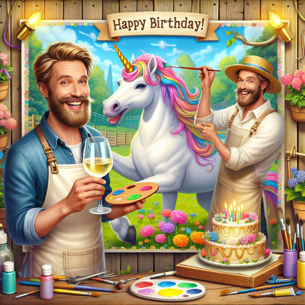 Create a birthday-themed illustration that features a joyful Caucasian male gardener clasping a glass of white wine in his hand. Beside him, a mythical unicorn is depicted playfully dipping its magical horn into an artist's paint palette. The enchanting setting is further beautified by a backdrop of vividly colored flowers and essential gardening tools. Adding to the festivities is an imaginative painting of a birthday cake hung on the background's wooden fence, seamlessly tying the entire cheerful scene together.
Generated with these themes: White wine , Painting, Gardener, and Unicorn.
Made with ❤️ by AI.