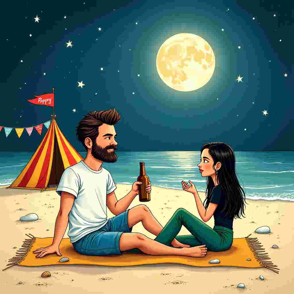 The front cover of this Valentine's Day greeting card features a whimsical, detailed, and expressive hand-drawn illustration, inspired by a blend of Edward Gorey's intricate line work and Quentin Blake's lively character depictions. Set on a moonlit beach at night, the scene captures a young English male and an Asian female seated comfortably on the warm sands, their faces illuminated by the gentle glow of the full moon and a scattering of bright stars above.

The young English male, depicted with a neatly groomed brown beard, wears a casual white t-shirt and vibrant blue shorts. He leans back on his left hand, holding a frothy bottle of beer in his right. Beside him, the Asian female, elegantly dressed in green trousers and a simple black top, is captured mid-question, one hand gesturing expressively towards him. Her long hair cascades gently over her shoulders, subtly reflecting the moonlight.

In the background, the vast ocean stretches out towards the horizon, where the moonlight dances across the gentle waves, creating shimmering pathways of light. The sandy beach is dotted with tiny seashells and a few strategically placed smooth stones, adding texture and depth to the foreground.

To add a whimsical touch, a tiny beach tent in the background is decorated with a colorful banner that reads "Poppy" in playful, handwritten letters. The banner flutters lightly in the ocean breeze, adding a splash of color with its red and yellow stripes against the deep blue of the night sky.

Above the scene, nestled among the stars, are intricate, swirling cloud patterns reminiscent of Gustave Doré’s detailed engravings. The overall color palette is a harmonious blend of earthy tones, soft blues, and gentle whites, creating a peaceful yet engaging visual experience, perfect for a romantic yet humorous Valentine's Day card.
Generated with these themes: Young english male in tshirt and shorts with brown beard and asian female in trousers sitting on beach at night drinking beer, and Female is asking question.
Made with ❤️ by AI.