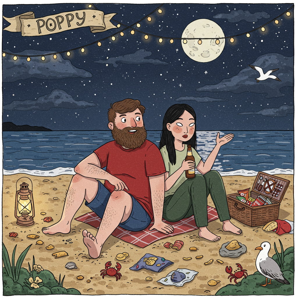 The front cover of the greeting card features a whimsically detailed and expressive hand-drawn illustration, bursting with playful charm. At the center, a young English male with a bushy brown beard sits casually in a red t-shirt and blue shorts. He leans back on his hands, with his toes just barely brushing the cool, grainy sand of the beach at night. Beside him sits an Asian female wearing comfortably loose, dark green trousers. Her black hair cascades down her back, and she holds a beer bottle in one hand.

The backdrop is a star-speckled sky with a grand, luminescent full moon casting silvery reflections on the gentle waves. These waves lap softly against the shore, creating a vivid contrast against the deep navy-blue ocean. In the sky, a string of twinkling fairy lights stretches across the top of the card, reminiscent of a night festival, adding a magical glow to the scene.

Nestled within this night sky, the word "Poppy" is playfully written in star-like lettering, cleverly integrated so that it appears to float among the stars themselves. A banner unfurls from the top left corner, as if blown gently by the sea breeze, with an intricate Art Nouveau design reminiscent of Aubrey Beardsley.

At their feet, the sand is dotted with tiny, whimsical creatures—a nod to Beatrix Potter—with a few crabs in mid-scuttle and a cheeky seagull pecking at a discarded bag of crisps. Beside the characters, an open picnic basket overflows with snacks, and an old-fashioned lantern provides an extra touch of golden light.

The female, while holding her beer, gestures towards the sky, her other hand raised as if asking a question, her posture inviting curiosity. Their expressions are carefully crafted in a style that draws inspiration from Quentin Blake's lively line work, capturing their engaging interaction.
Generated with these themes: Young english male in tshirt and shorts with brown beard and asian female in trousers sitting on beach at night drinking beer, and Female is asking question.
Made with ❤️ by AI.