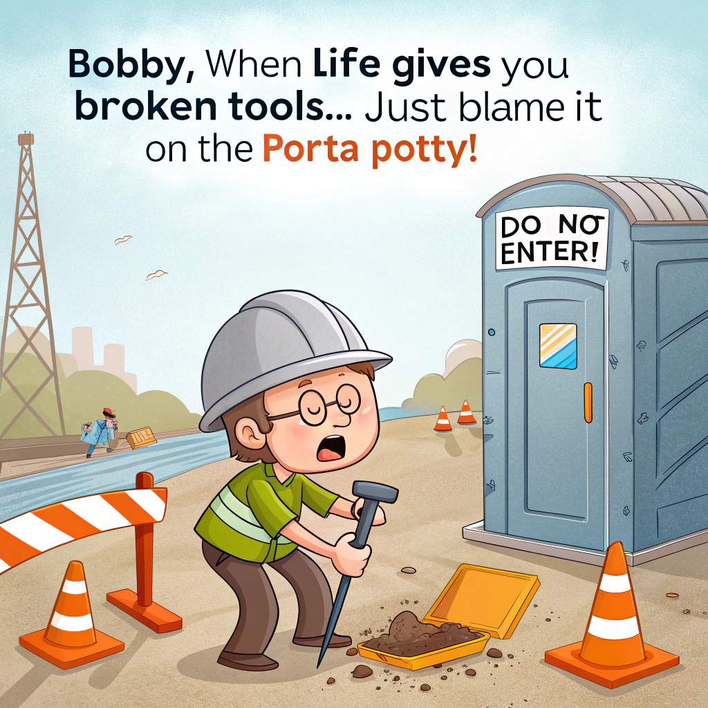 At the top of the image, "Bobby, when life gives you broken tools... just blame it on the porta potty!"

- In the center of the image, illustrate a hilarious cartoon construction site scene:
  - Bobby is wearing a grey hard hat slightly askew and looking exasperated as he tries to fix a broken jackhammer that’s flopping around like a wet noodle.
  - Behind him, a rickety porta potty leans precariously to one side, with steam humorously wafting out and a “Do NOT enter!” sign hastily slapped across it.
  - Scattered all around Bobby are other clearly useless tools — a bent screwdriver, a hammer with a sponge head, and a tape measure tangled around his foot.
  - A coworker peeks out from behind a pile of lumber laughing, holding up a cupcake with a lit candle on top.

- At the bottom of the image, add the line:  
  "Another year older and still trying to ‘fix’ it — have a screw-loose kinda birthday!"
Generated with these themes: Worker in Grey Hard Hat, Porta Potty, and Broken Tools.
Made with ❤️ by AI.