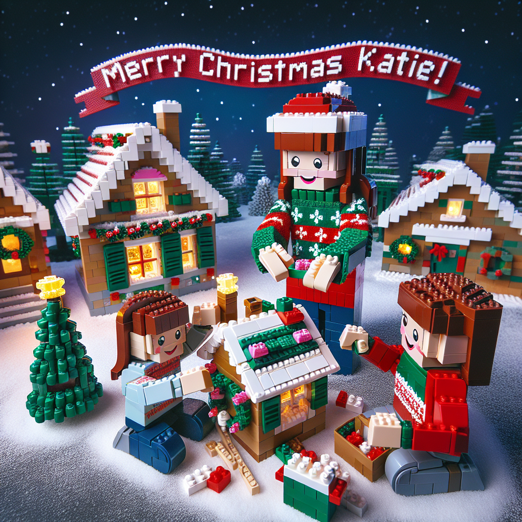 A magical abstract Christmas village crafted entirely out of Legos serves as the setting for this heartwarming scene. A white mum and brown dad play with their two brown children, who are prettily dressed in festive Lego outfits. Together, they're constructing a tiny Lego gingerbread house on a snow-dusted tabletop. Engraved in the sky above, the cheerful greeting 'Merry Christmas Katie!' is spelled out in alternating red and green Lego bricks, capturing the essence of the season.
Generated with these themes: Lego/Family.
Made with ❤️ by AI.